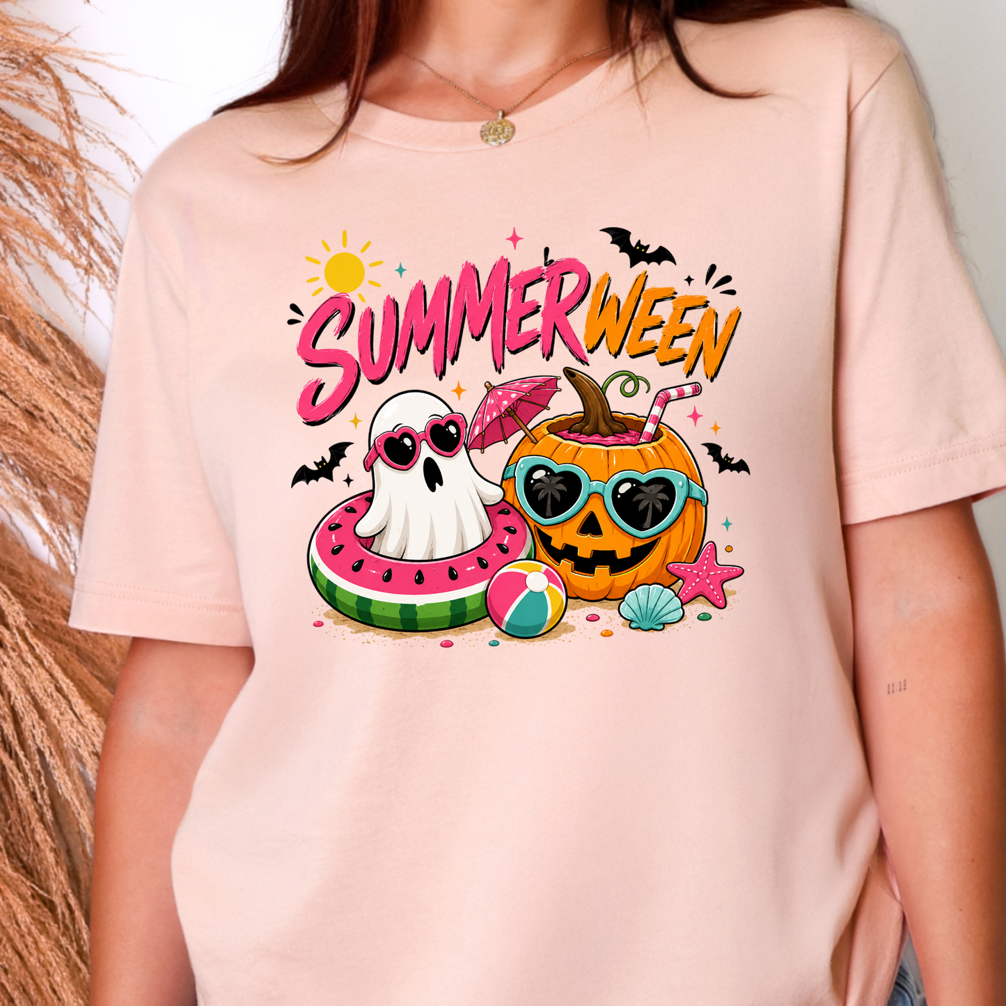 Wholesale Summerween Ghost Graphic Tee - Peach