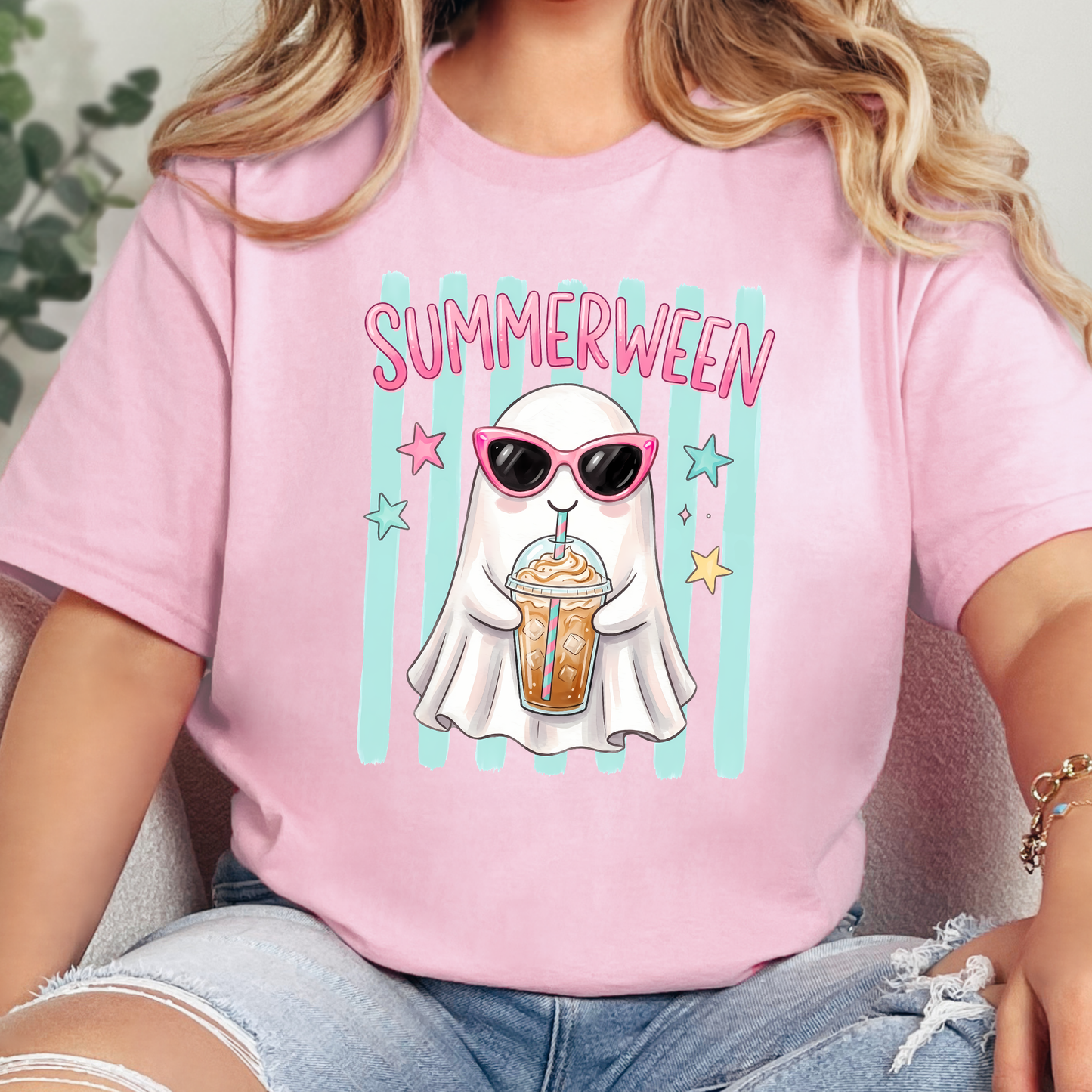 Wholesale Preppy Summerween Ghost Graphic Tee - Pink