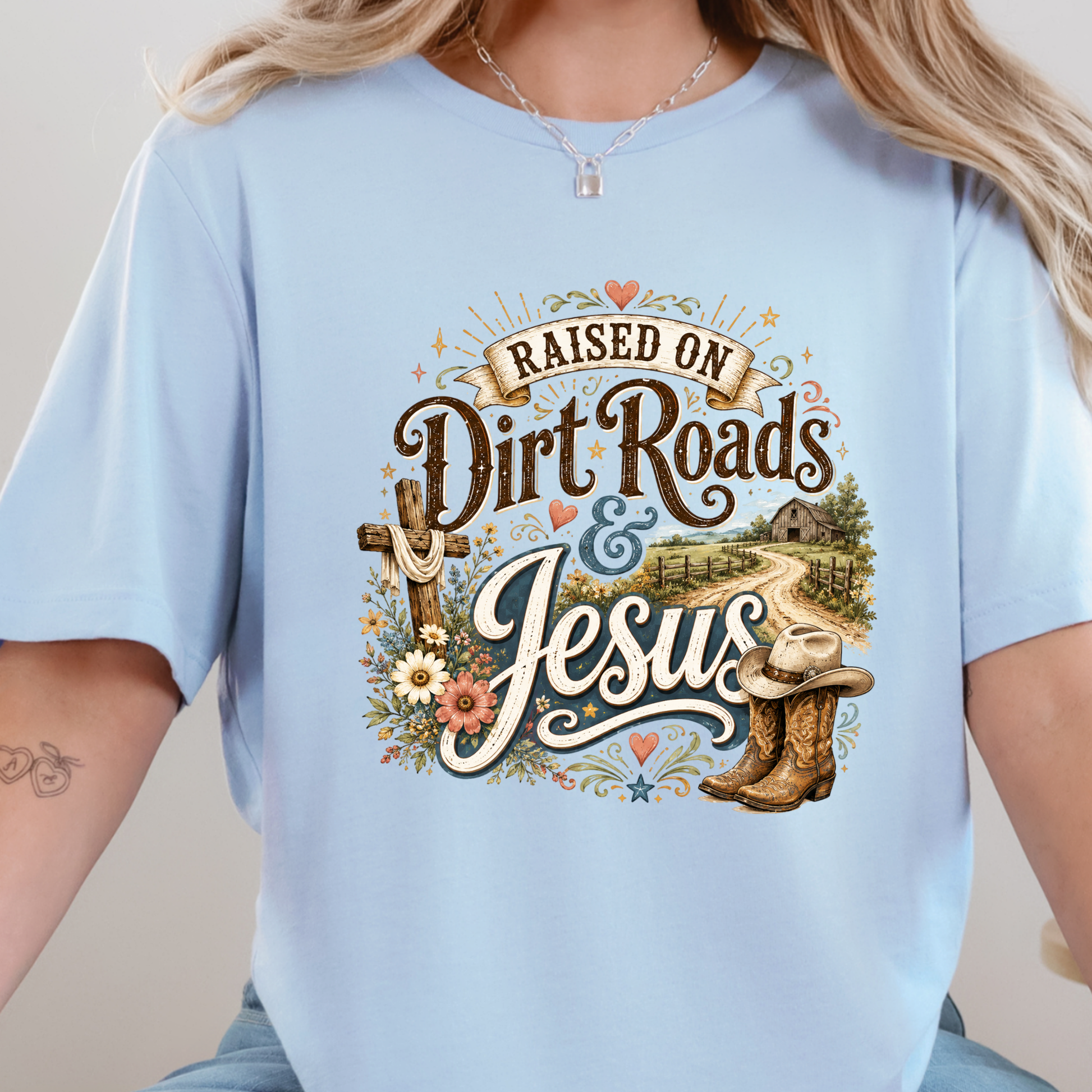 Raised on Dirt Roads & Jesus Graphic Tee - Baby Blue