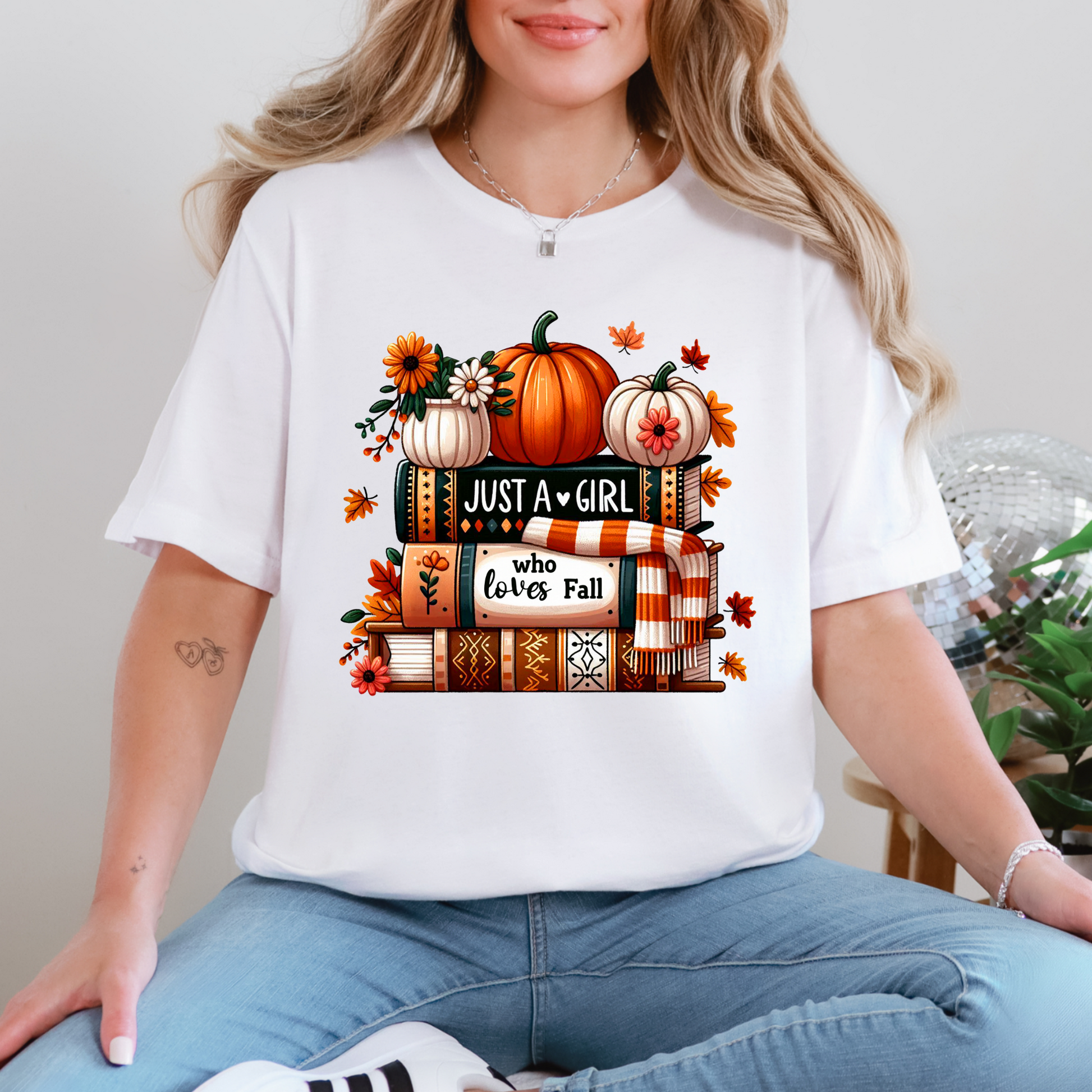 Wholesale Girl Who Loves Fall & Books Graphic Tee - White Tee