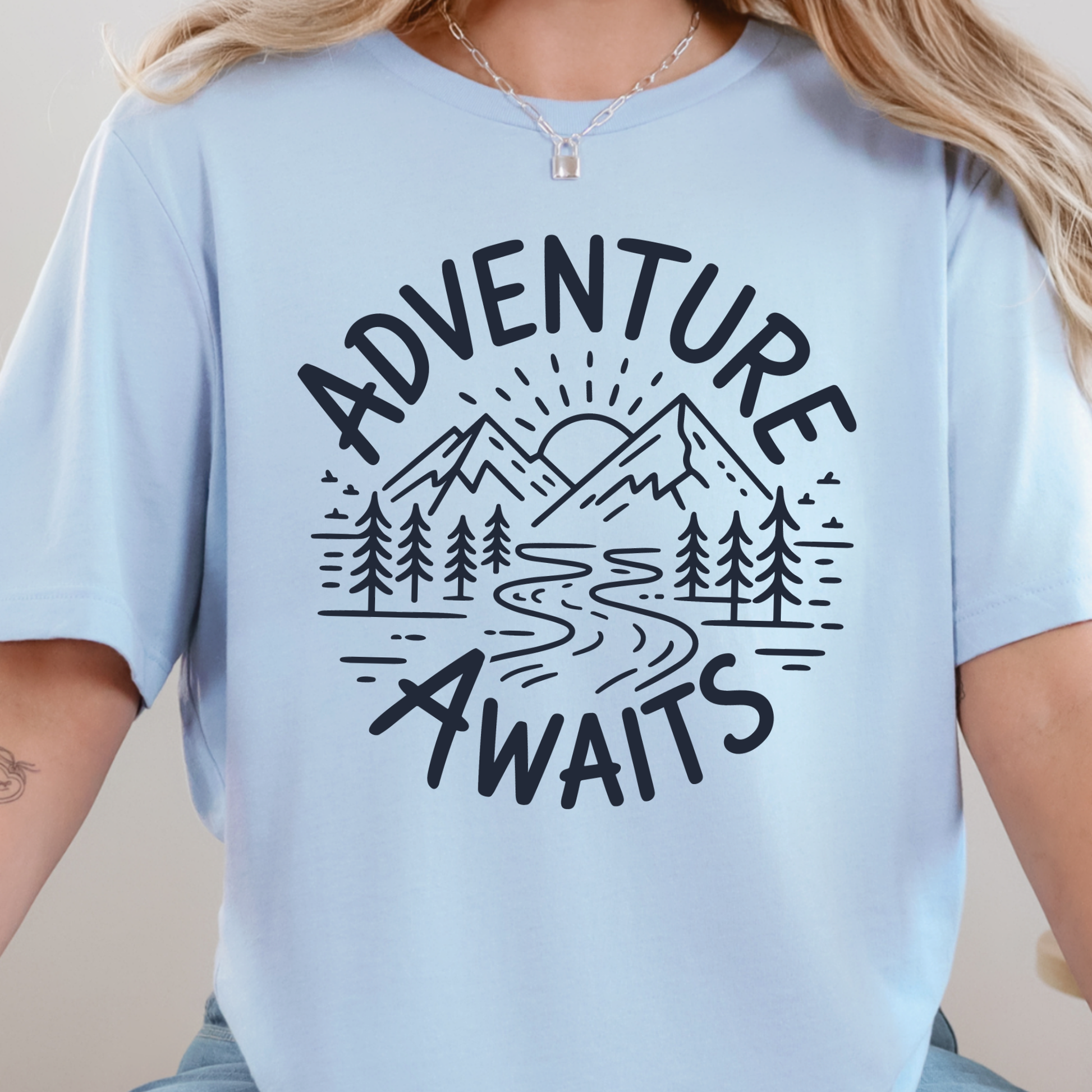 Wholesale Adventure Awaits Graphic Tee - Baby Blue