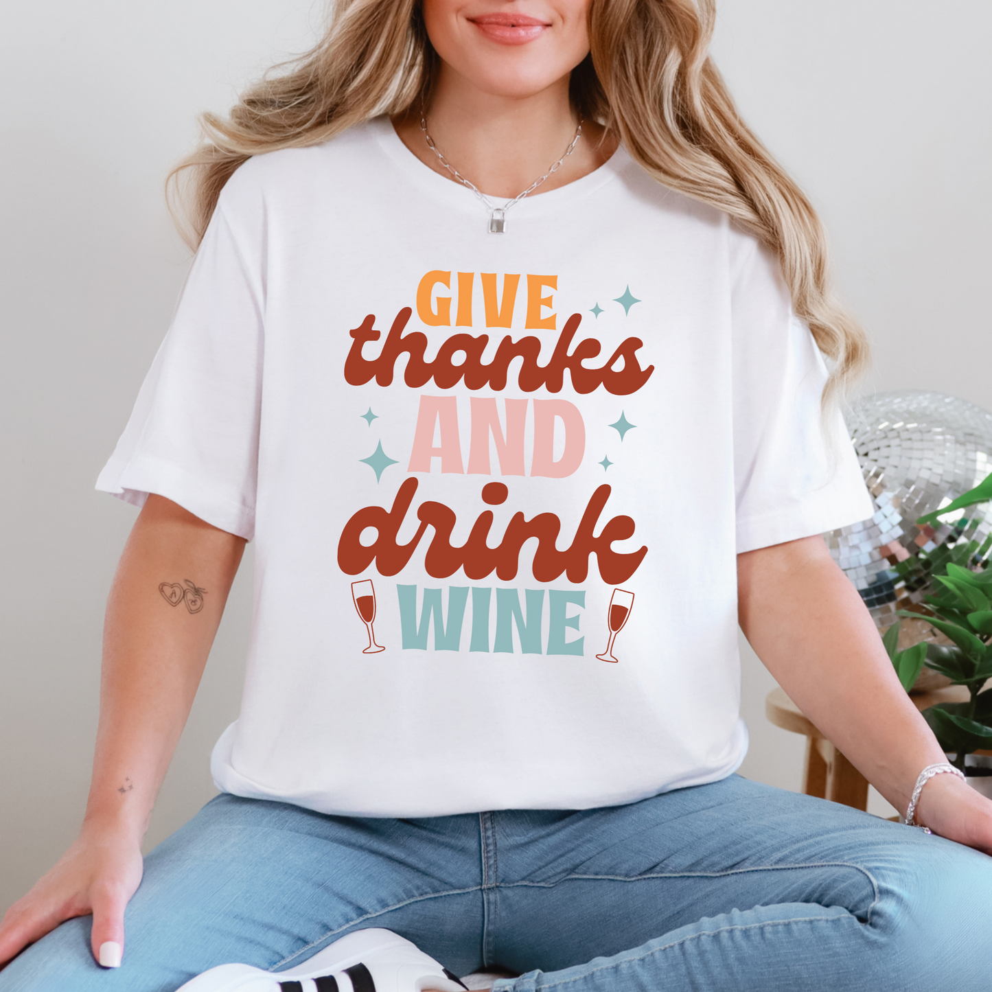 Wholesale Give Thanks and Drink Wine Graphic Tee - White Tee