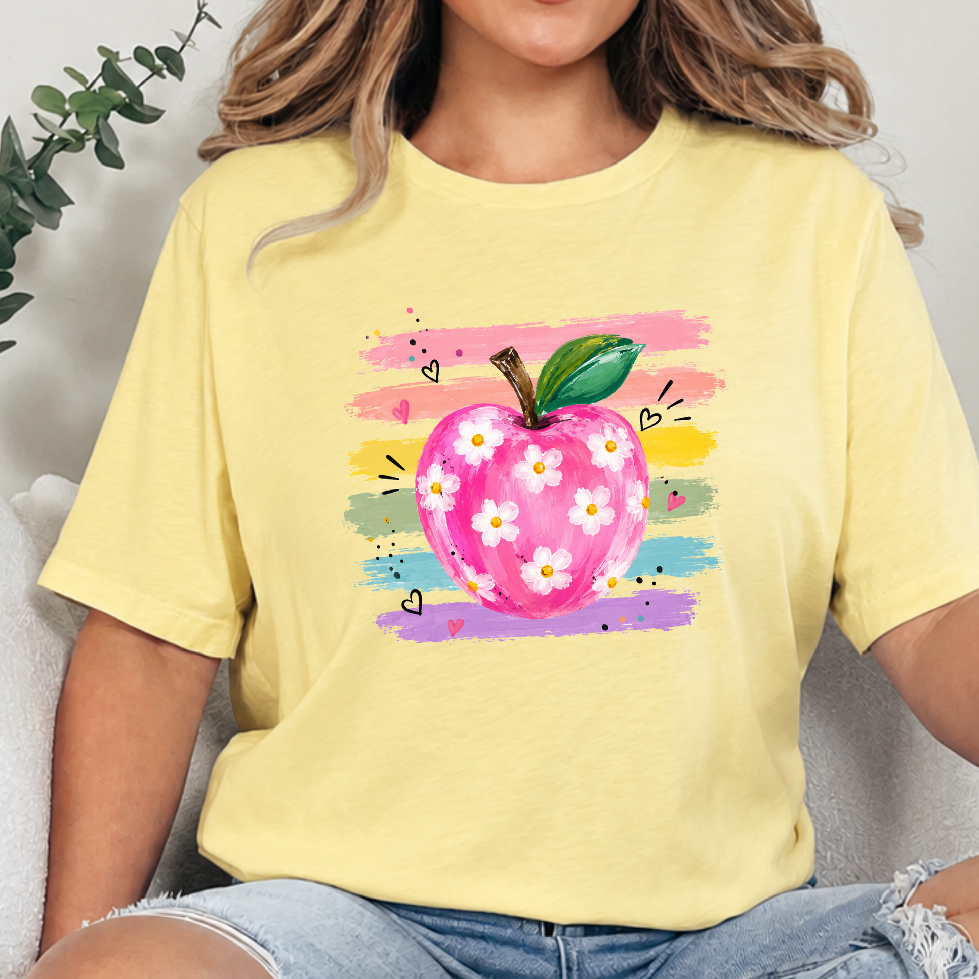 Wholesale Teacher Watercolor Apple Graphic Tee - Heather French Vanilla