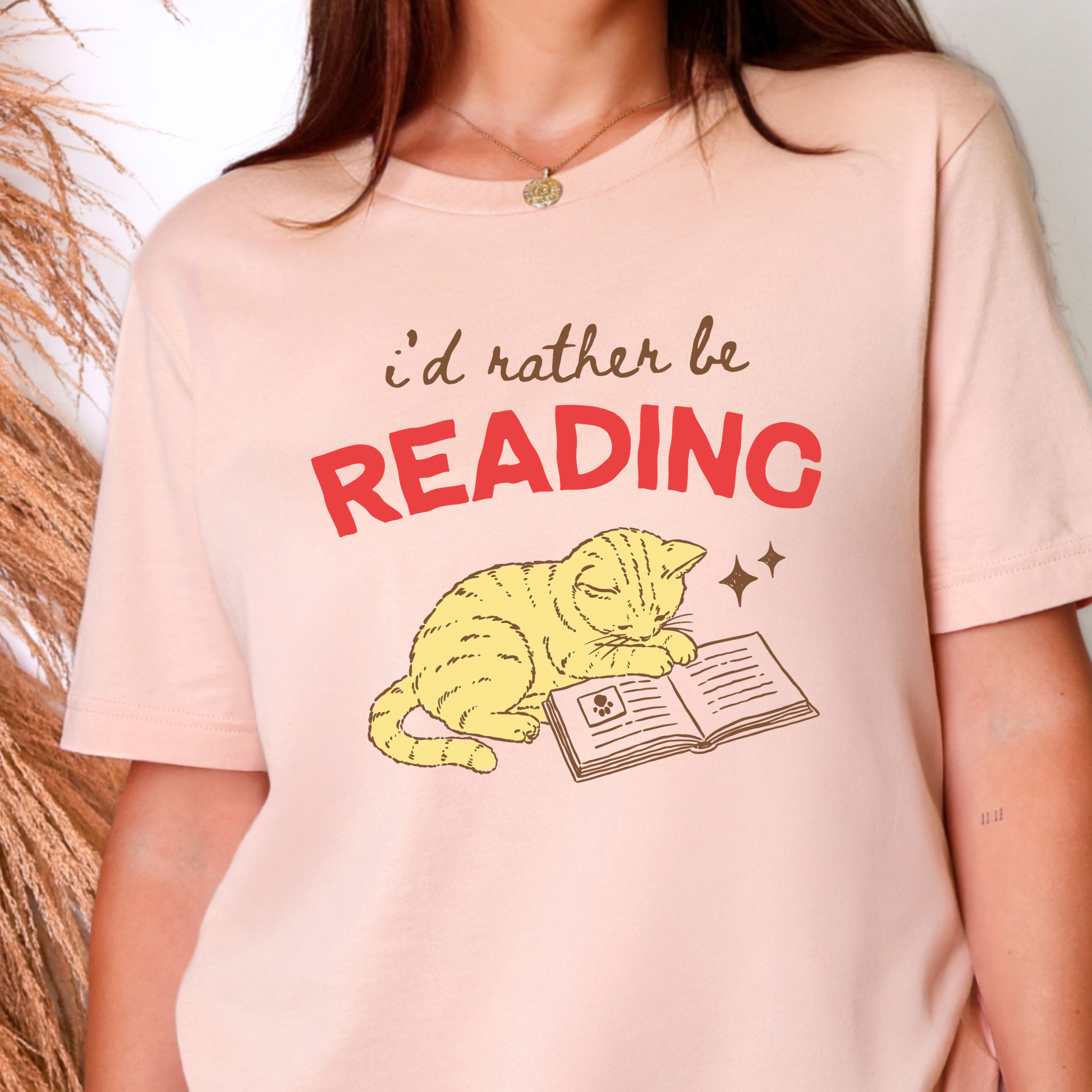 Wholesale I'd Rather Be Reading Cat Graphic Tee - Peach