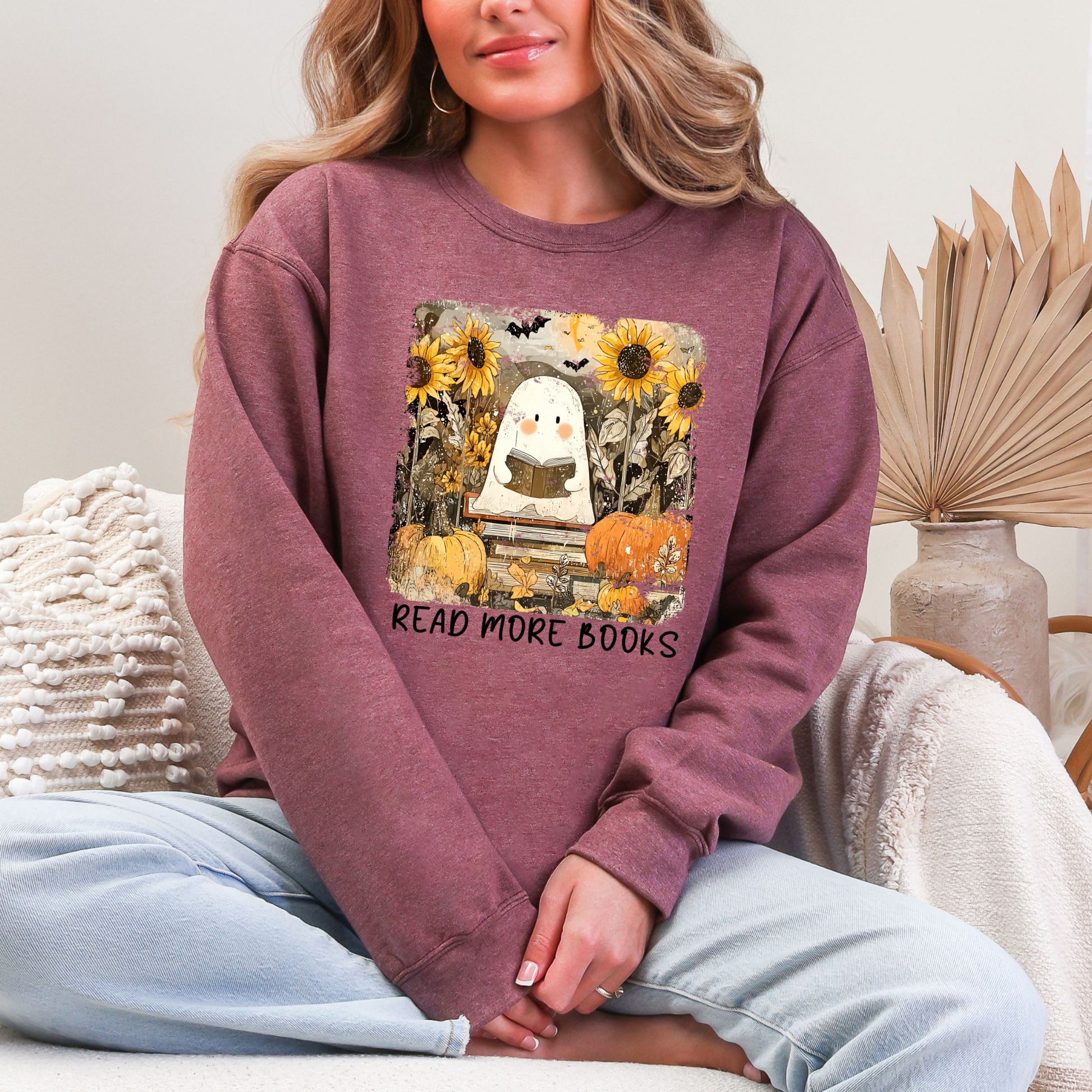 Wholesale Reading Ghost Sunflowers Graphic Tee or Sweatshirt - Heather Dark Maroon Sweatshirt