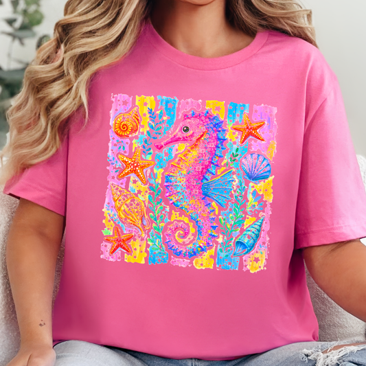 Wholesale Preppy Summer Seahorse Graphic Tee - Charity Pink