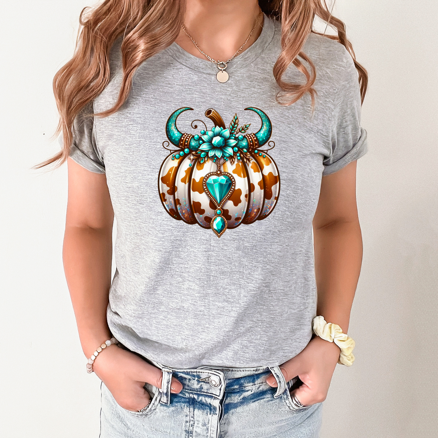 Wholesale Turquoise Pumpkin Bling Graphic Tee - Grey Tee