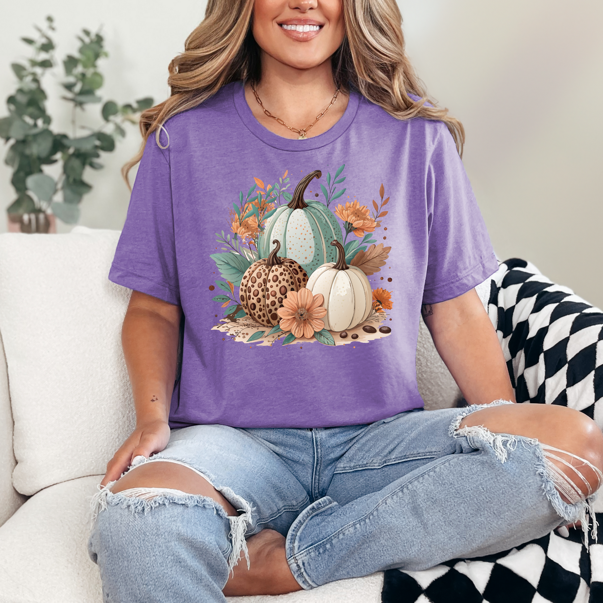 Wholesale Boho Pumpkins Floral Graphic Tee - Heather Team Purple Tee