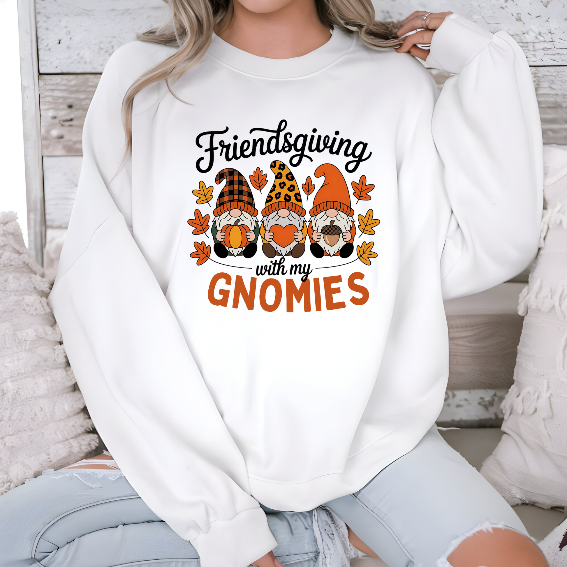 Wholesale Friendsgiving With My Gnomies Sweatshirt - White Sweatshirt