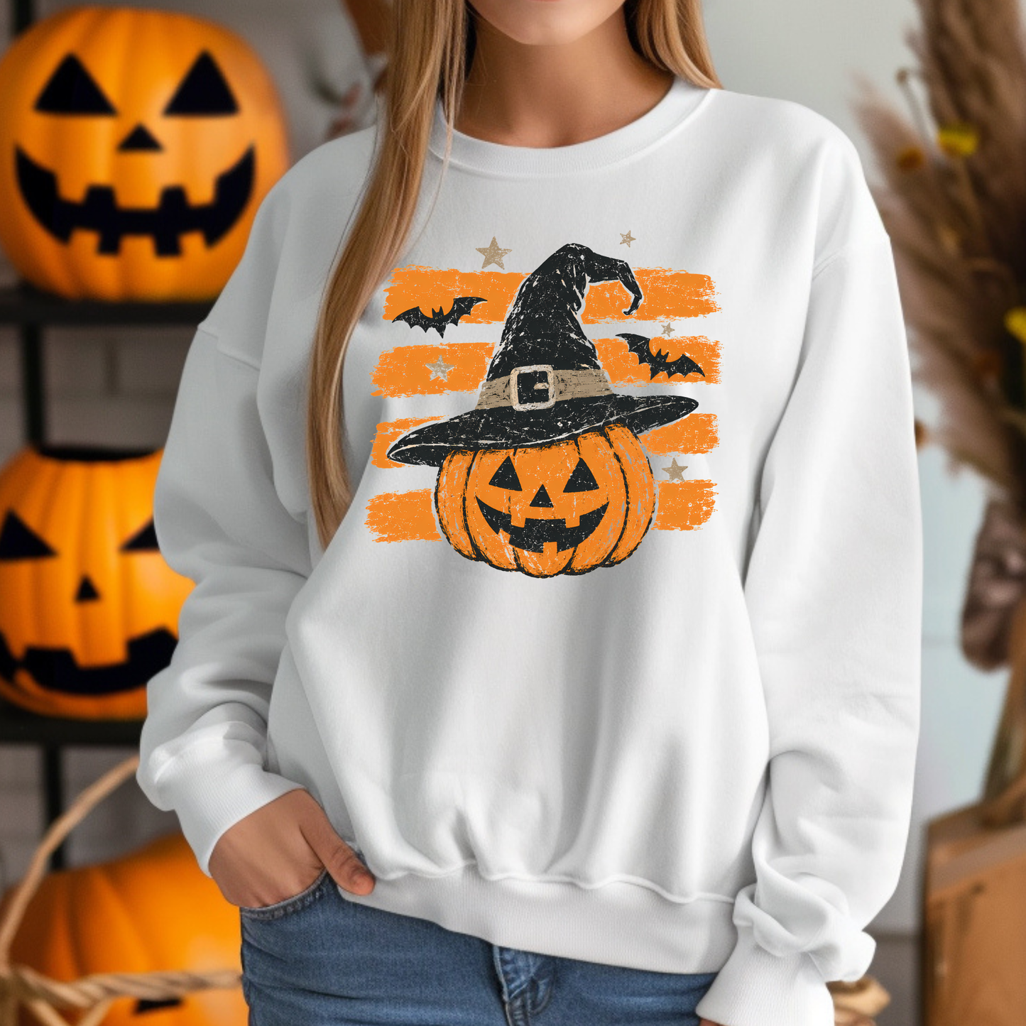 Wholesale Striped Vintage Halloween Pumpkin Graphic Sweatshirt - White