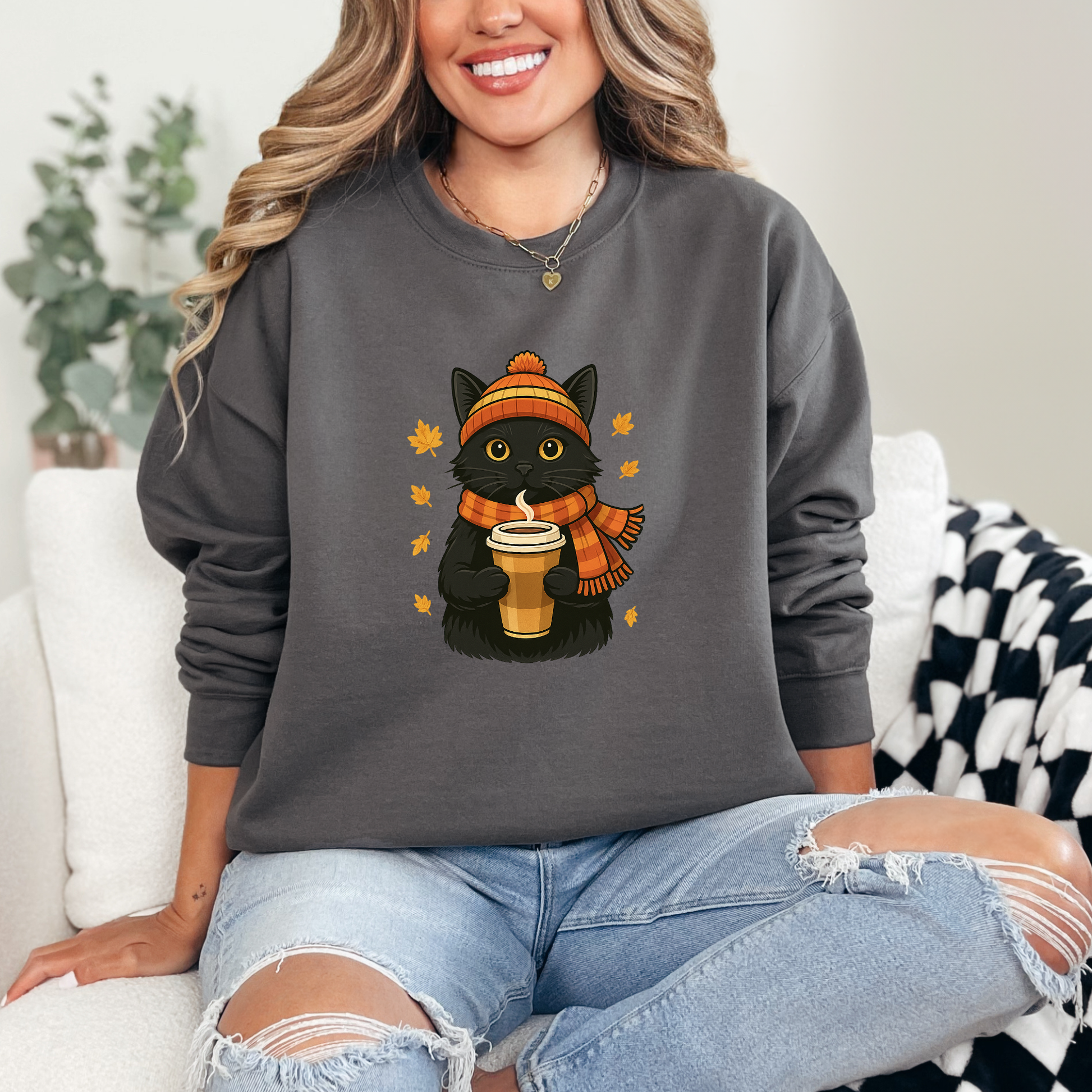 Wholesale Fall Cat with Latte Sweatshirt - Charcoal Sweatshirt