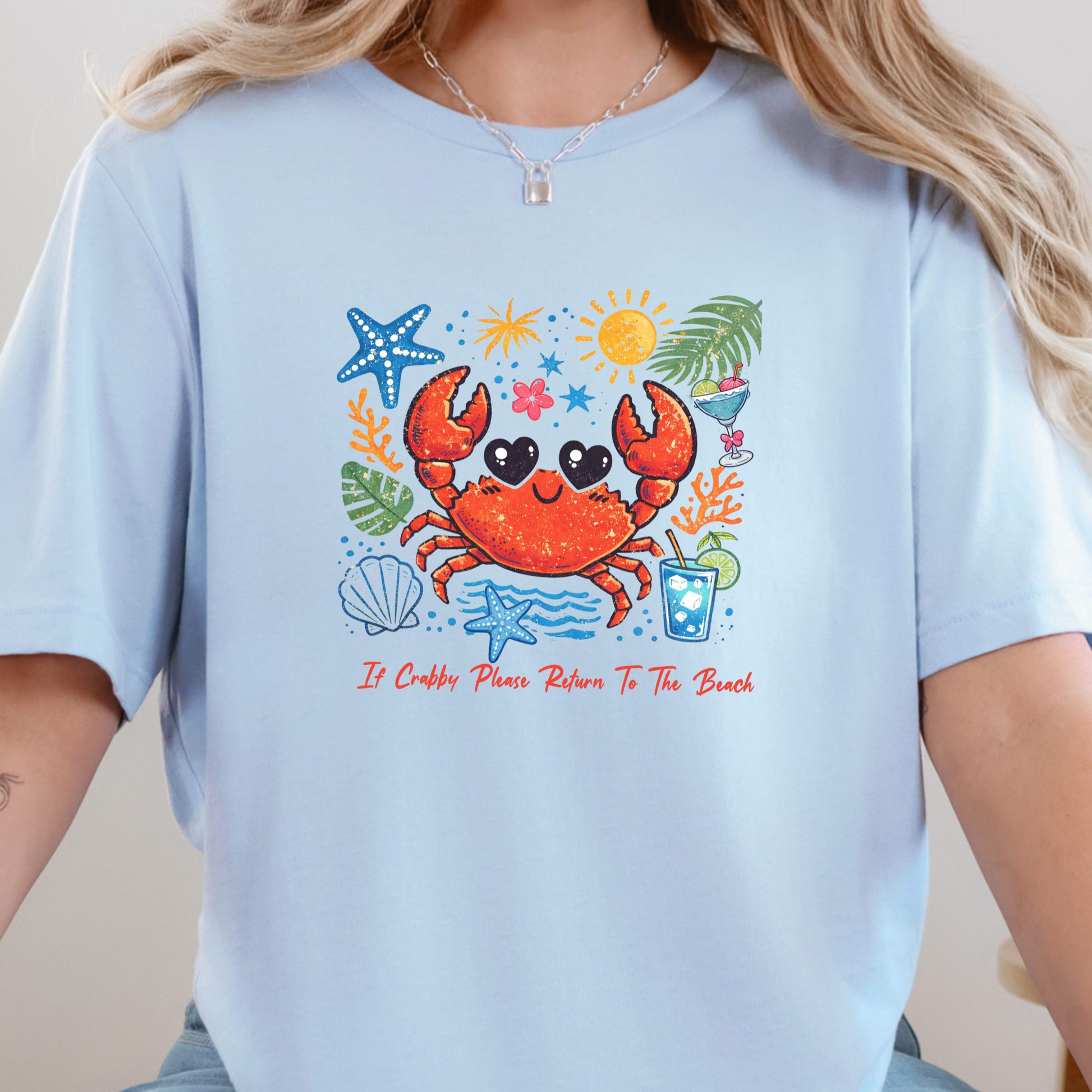 Wholesale Crabby Beach Graphic Tee - Baby Blue Tee