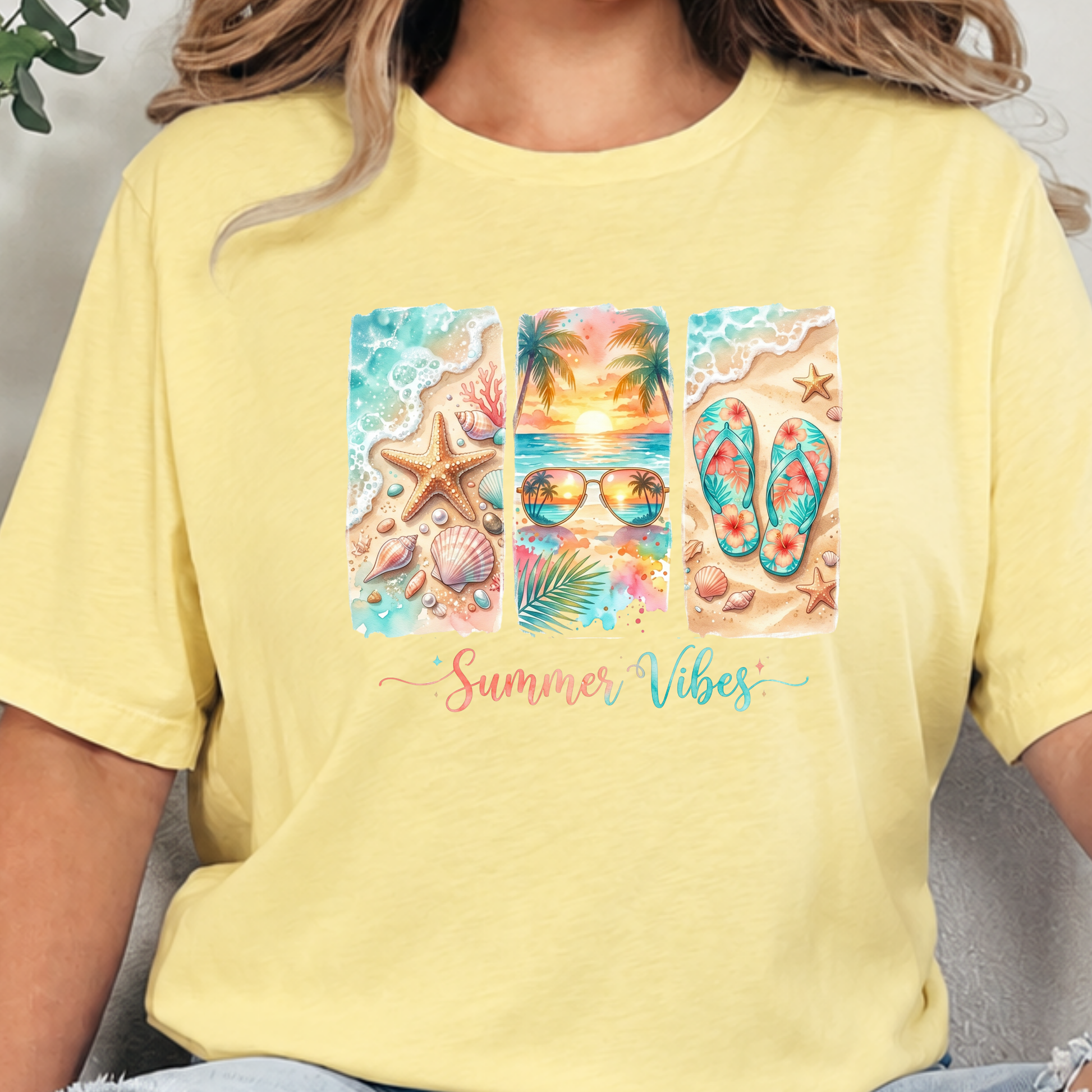Wholesale Summer Vibes Beach Graphic Tee - Heather French Vanilla