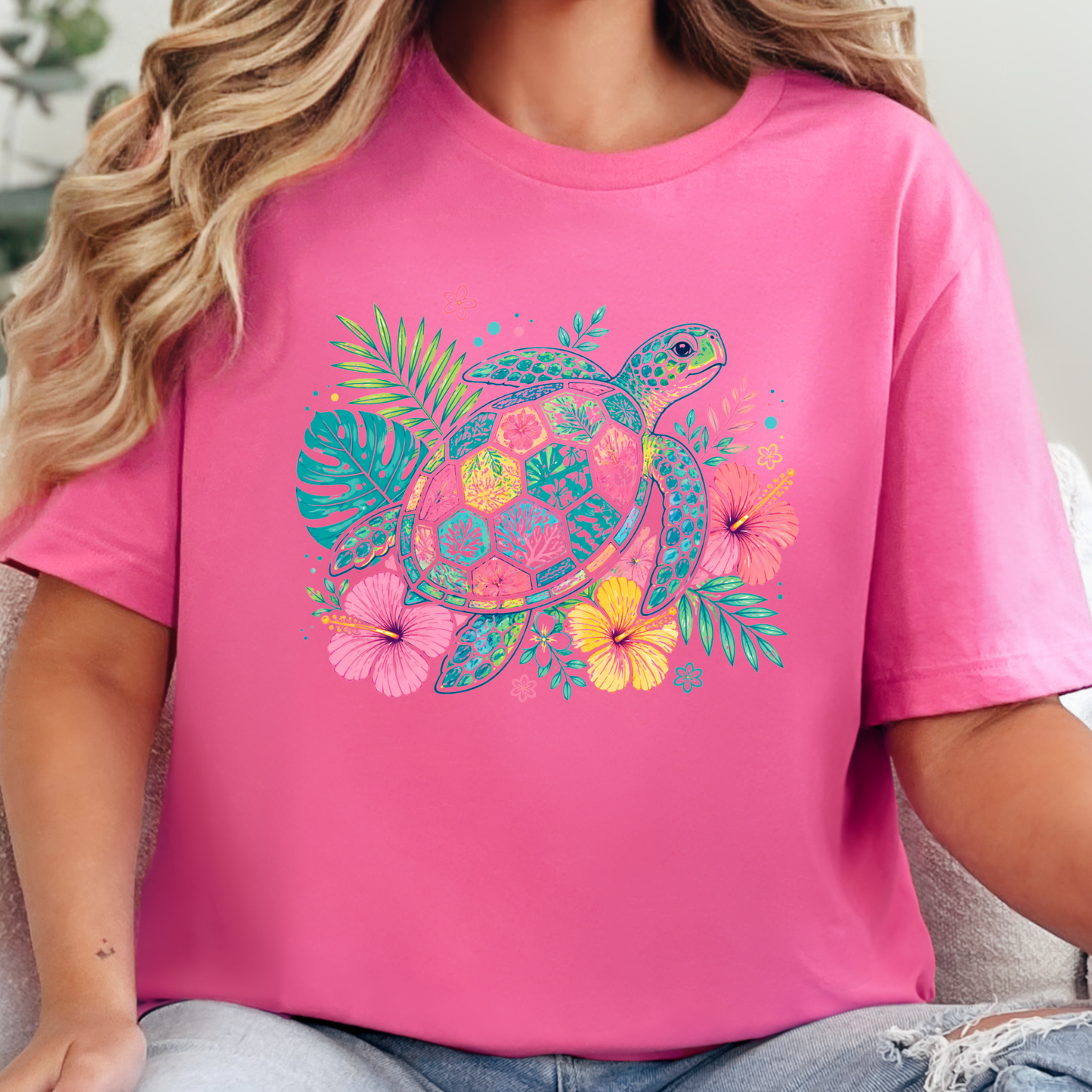 Wholesale Floral Sea Turtle Graphic Tee - Charity Pink Tee