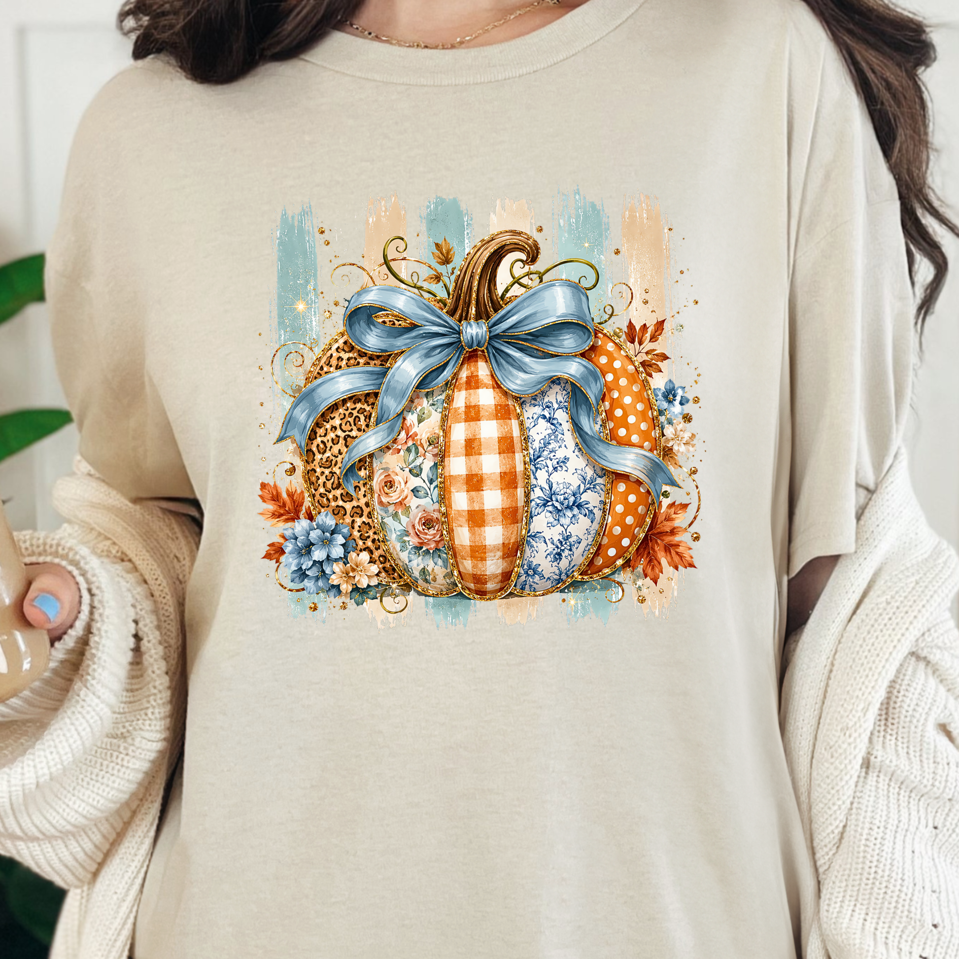 Wholesale Striped Patchwork Pumpkin Graphic Tee - Natural