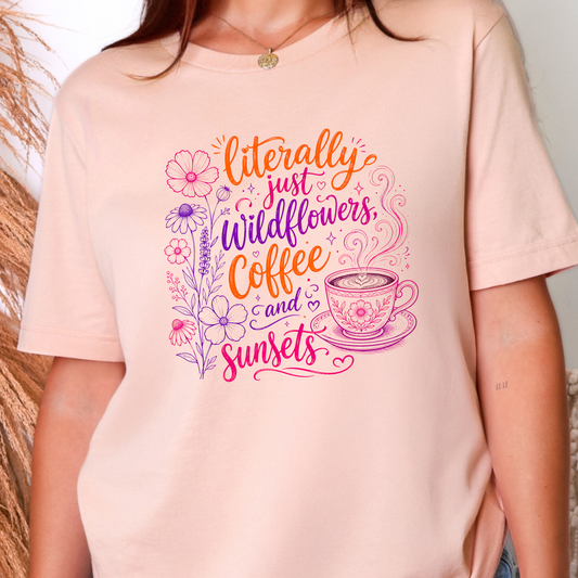 Wholesale Wildflowers Coffee Sunsets Graphic Tee - Peach Tee