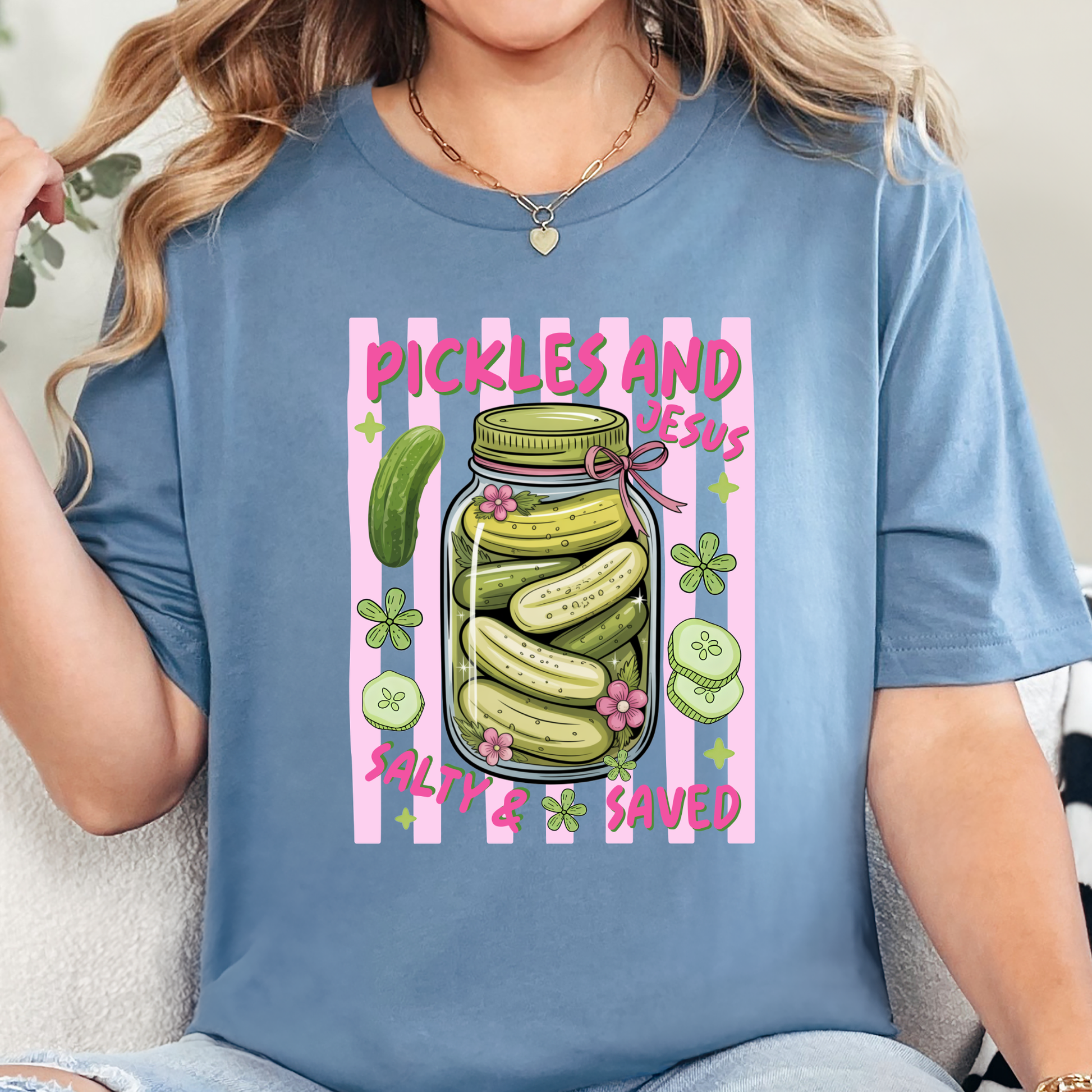 Wholesale Pickles and Jesus Graphic Tee - Steel Blue