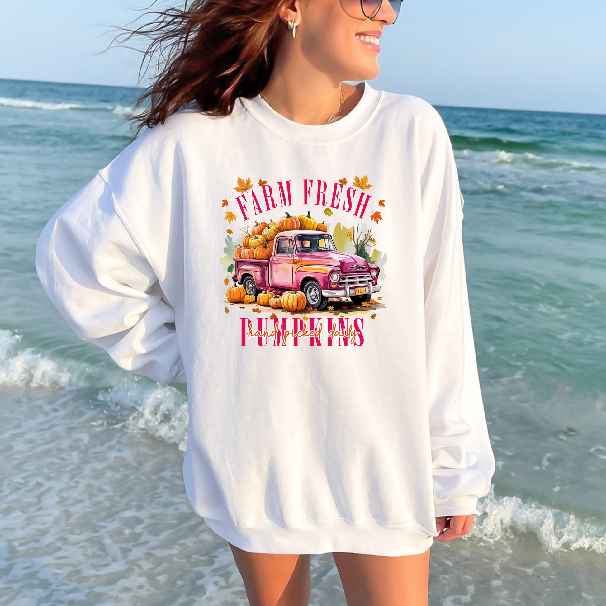 Wholesale Farm Fresh Pumpkins - Pink Sweatshirt - White Sweatshirt