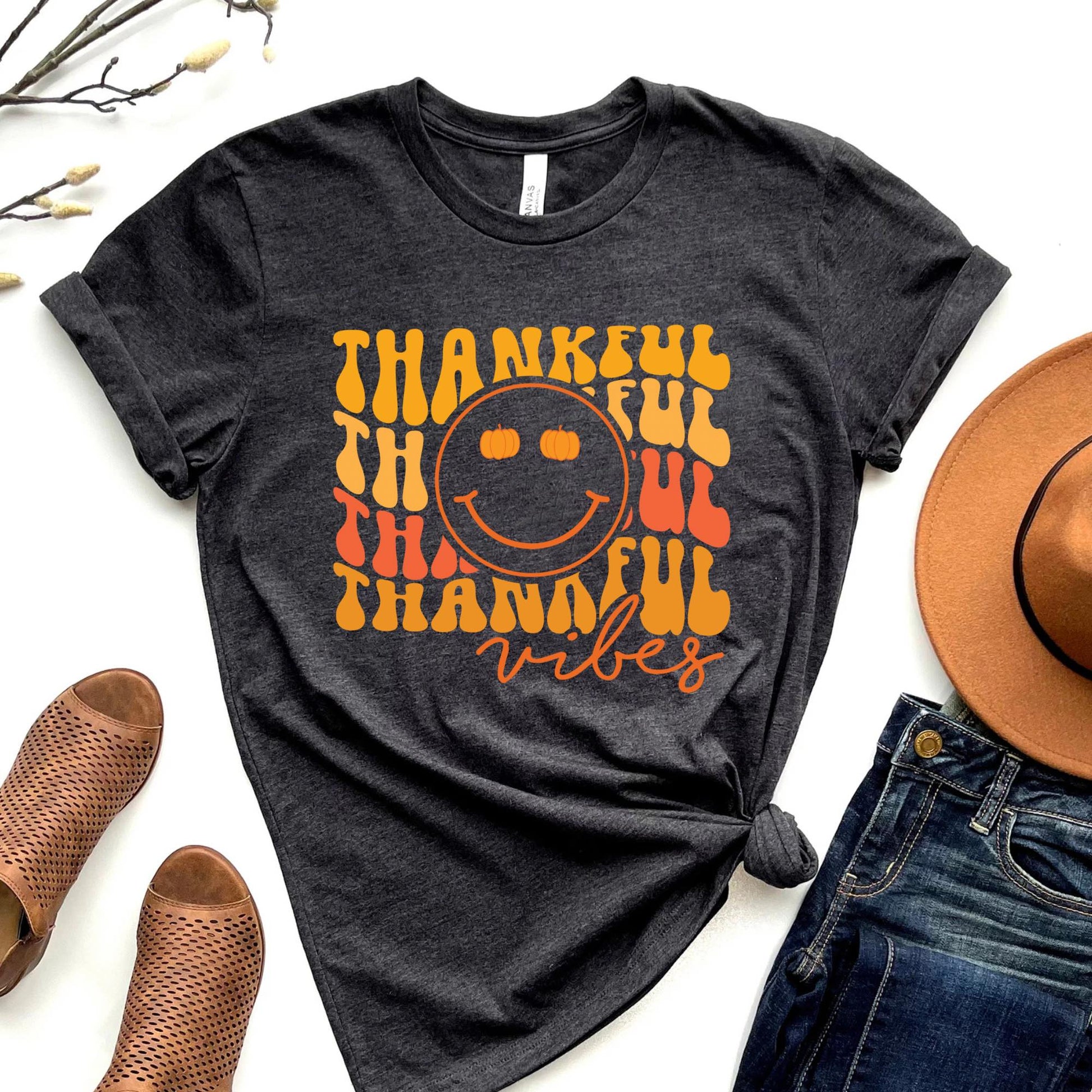 Wholesale Thankful Vibes Graphic Tee - Black