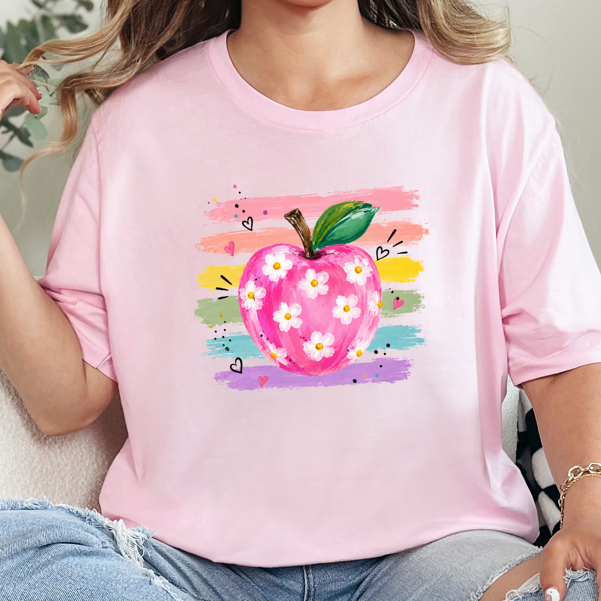 Wholesale Teacher Watercolor Apple Graphic Tee - Soft Pink