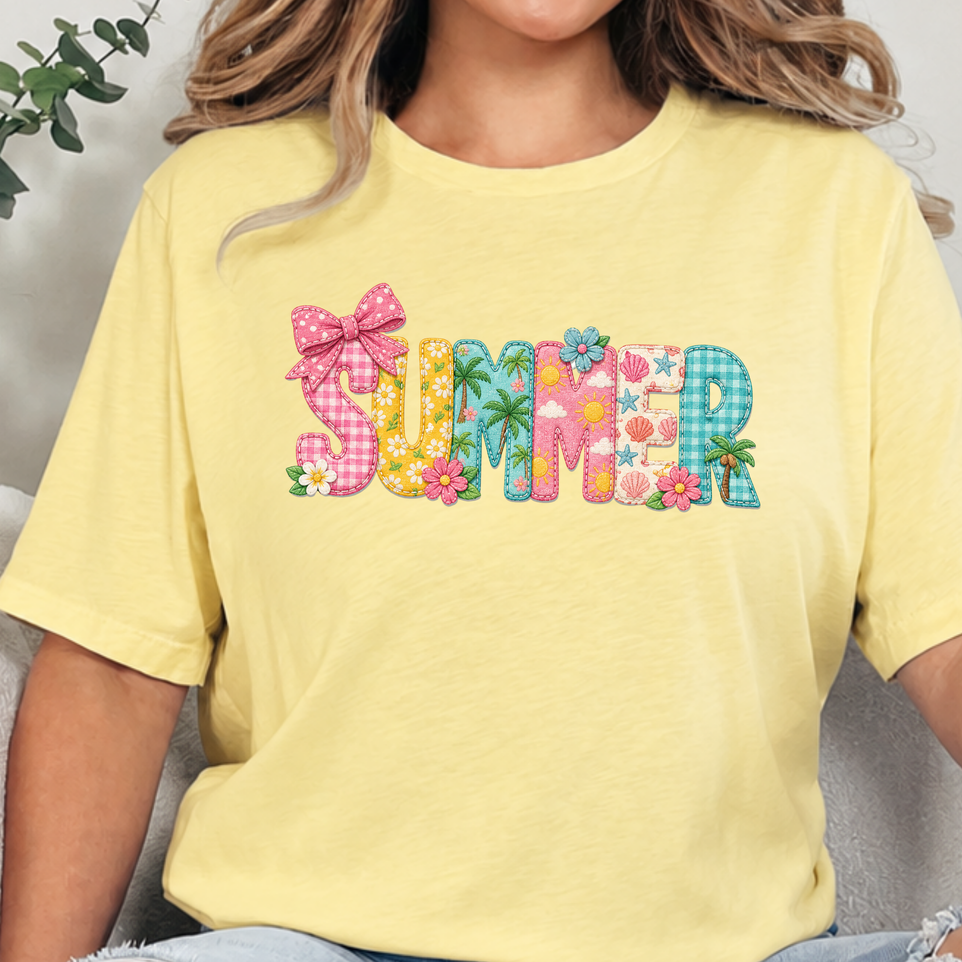 Wholesale Summer Patchwork Graphic Tee - Heather French Vanilla