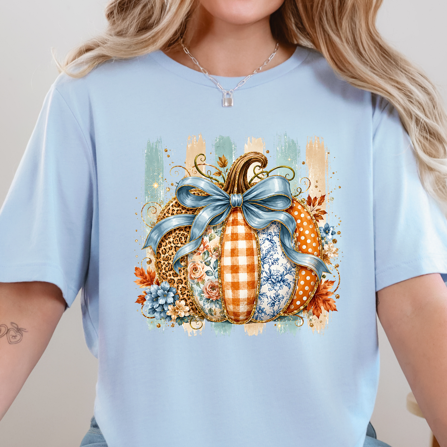 Wholesale Striped Patchwork Pumpkin Graphic Tee - Baby Blue