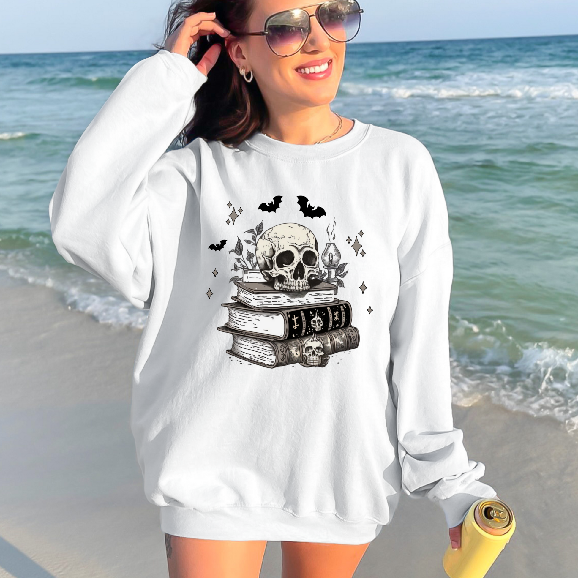 Wholesale Skull on Books Sweatshirt - White Sweatshirt