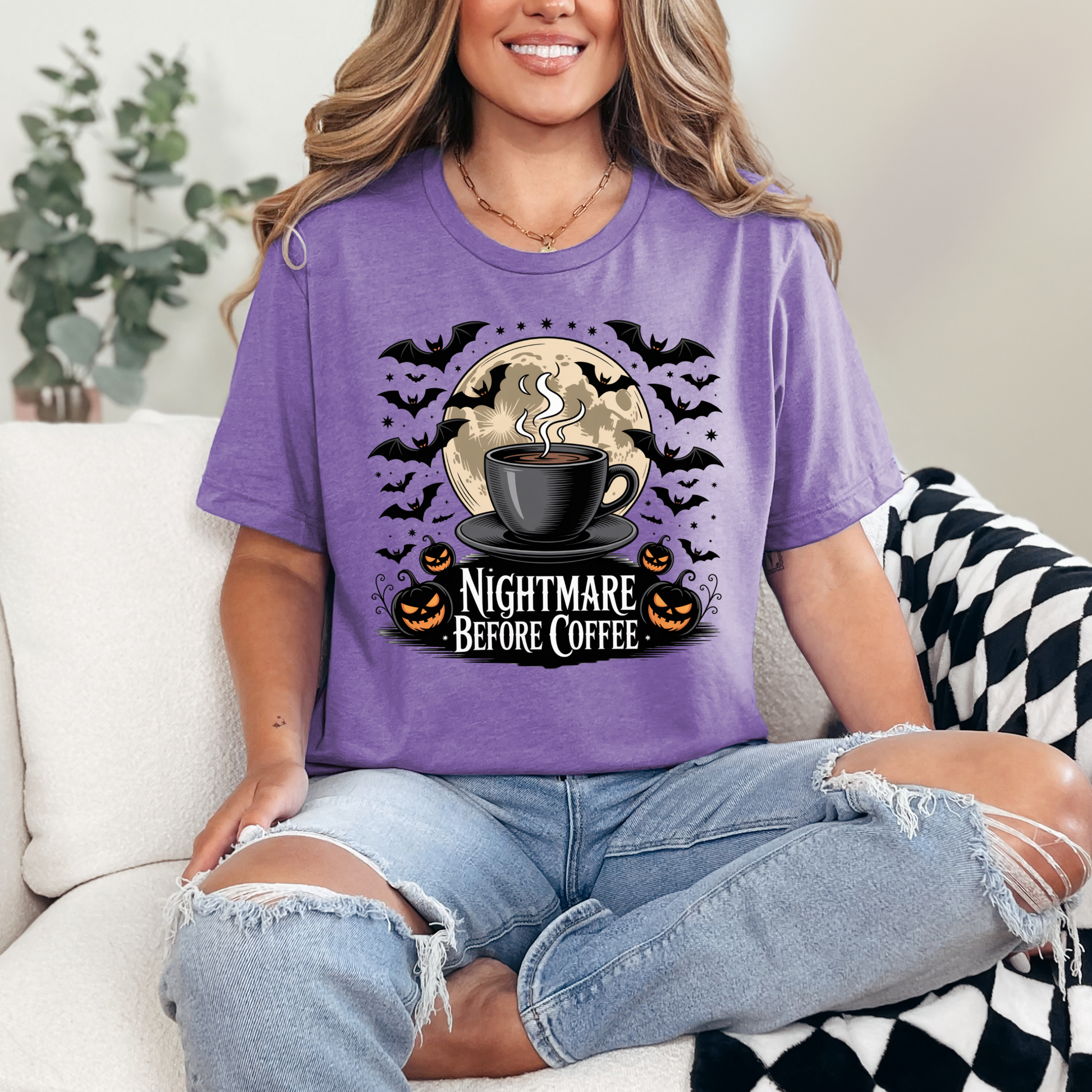 Wholesale Bats and Nightmare Before Coffee Graphic Tee - Heather Team Purple Tee