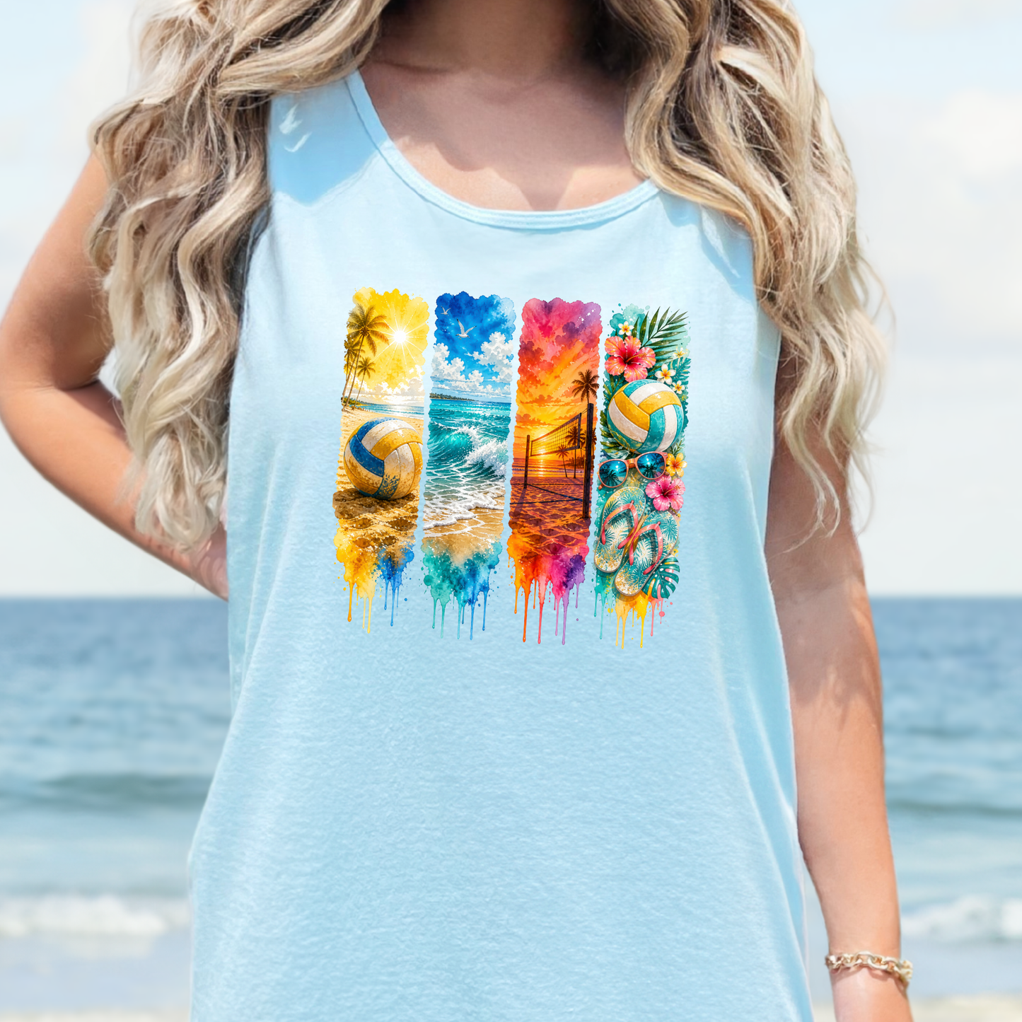 Wholesale Watercolor Summer Beach Graphic Tank Top - CC Chambray