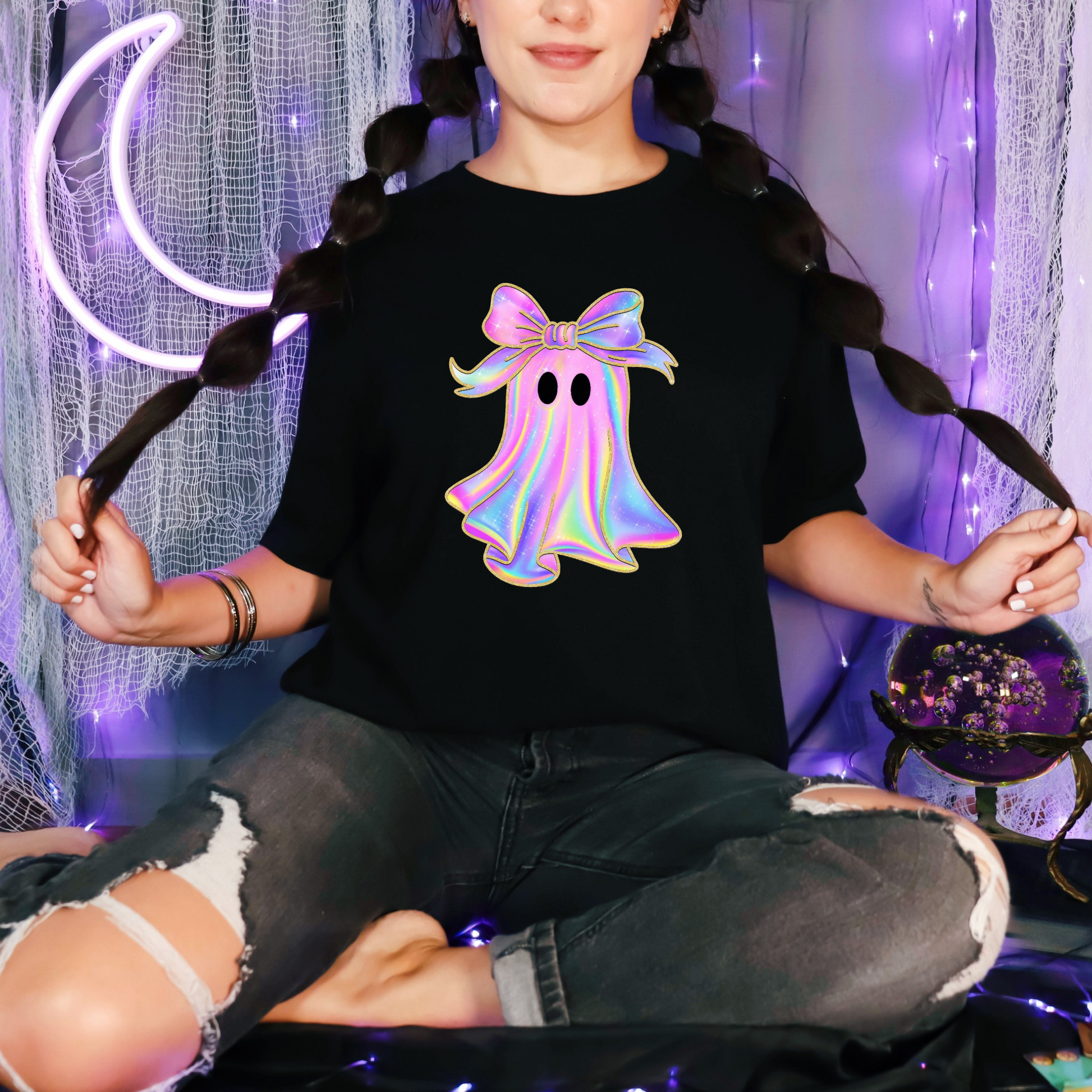 Wholesale Shiny Ghost Graphic Tee - Black Tee