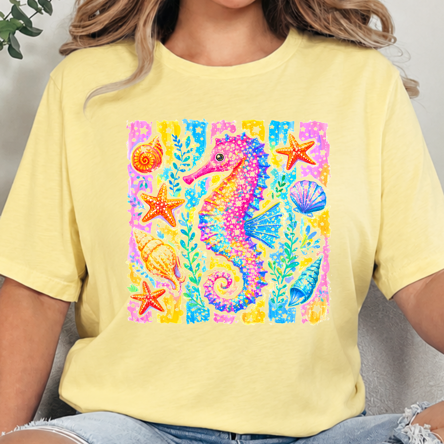 Wholesale Preppy Summer Seahorse Graphic Tee - French Vanilla