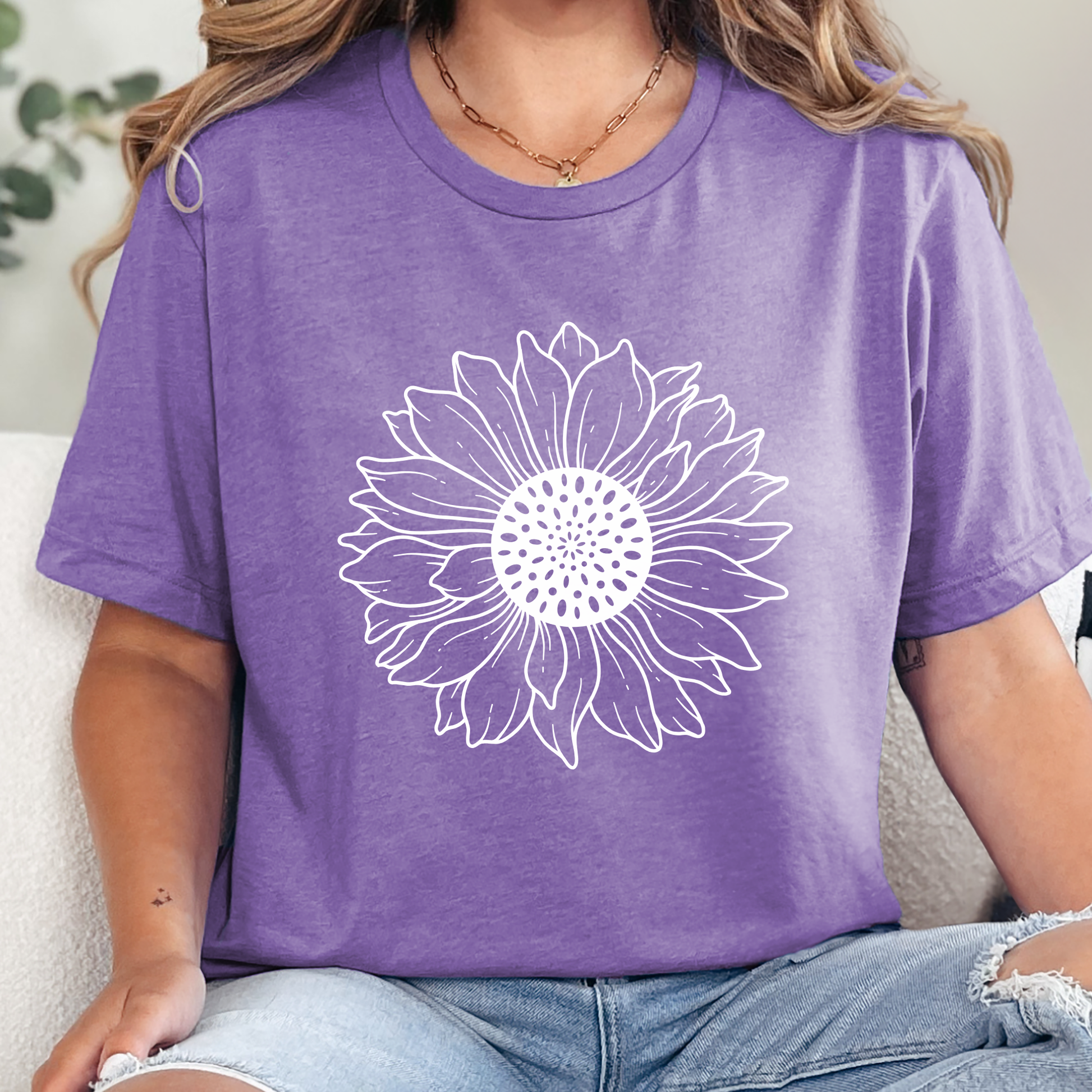 Wholesale Sunflower Outline Graphic Tee - Heather Team Purple