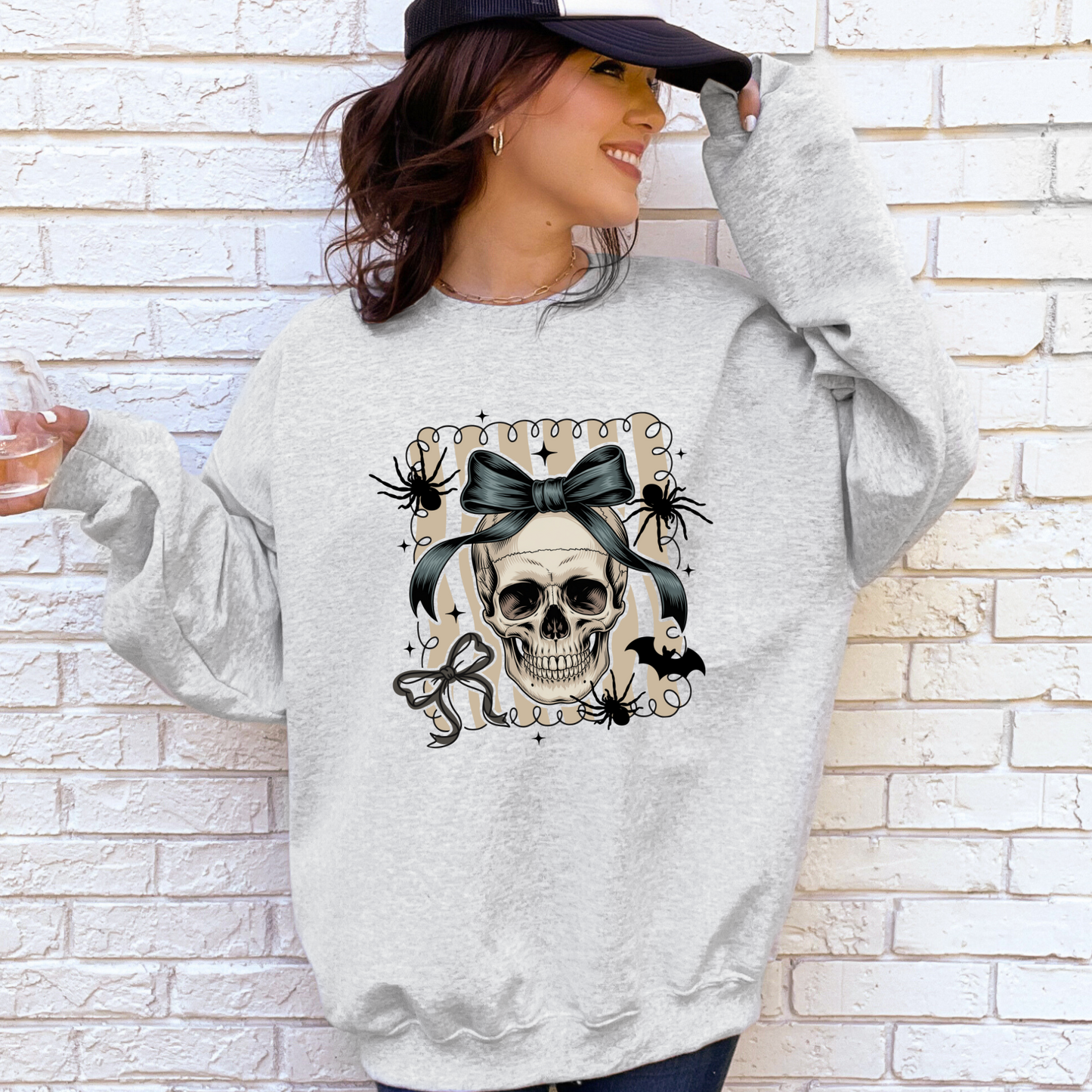 Wholesale Skull with Bow Sweatshirt - Ash Sweatshirt