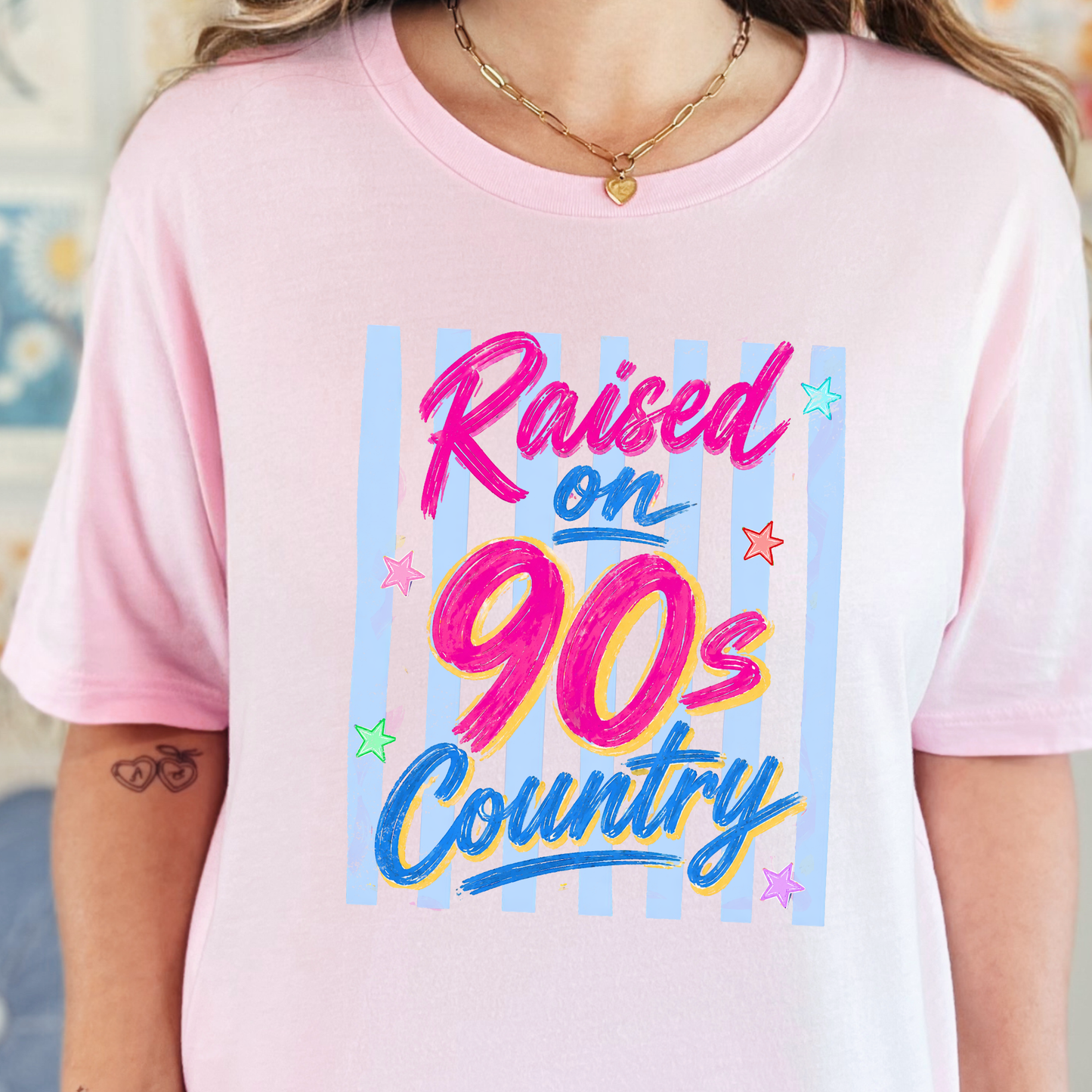 Wholesale Raised on 90s Country Stripes Graphic Tee - Soft Pink
