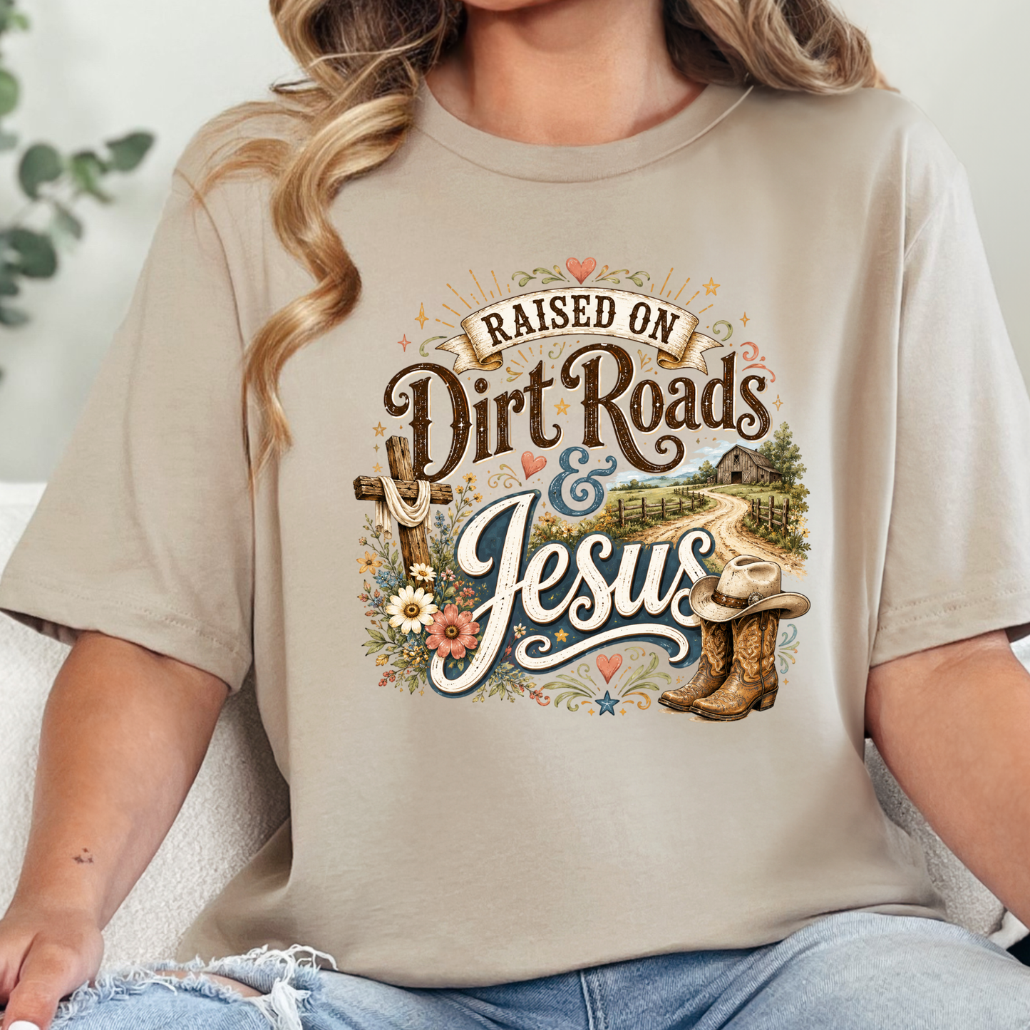 Raised on Dirt Roads & Jesus Graphic Tee - Tan