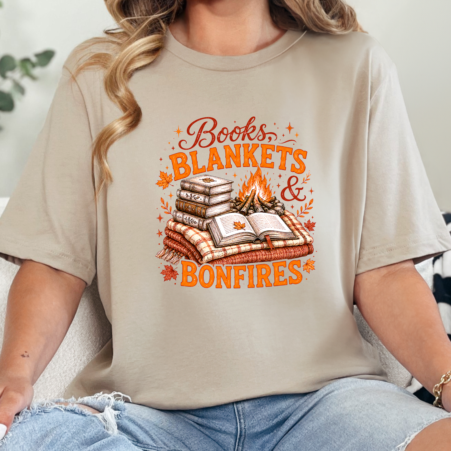 Wholesale Books, Blankets & Bonfires Graphic Tee - Tan
