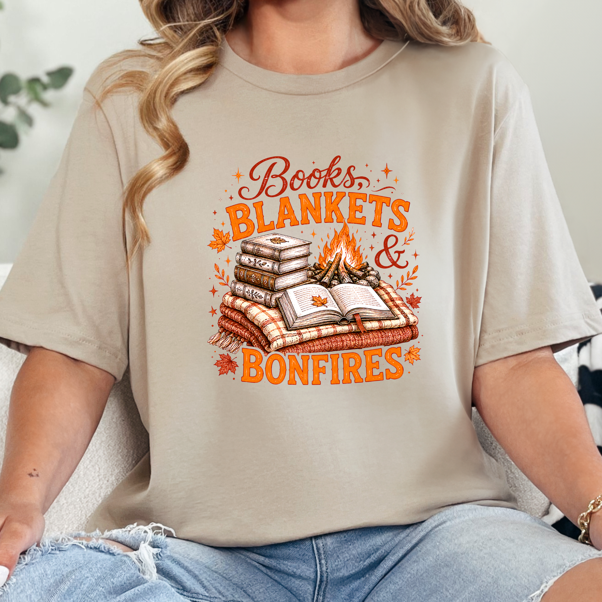 Wholesale Books, Blankets & Bonfires Graphic Tee - Tan