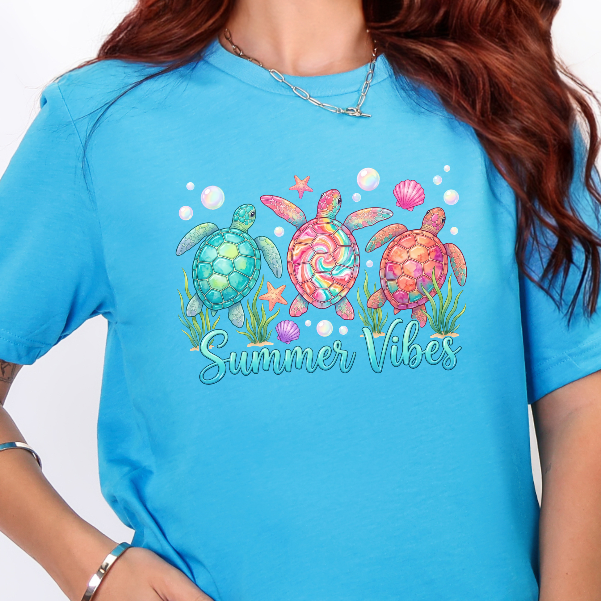 Wholesale Summer Vibes Sea Turtles Graphic Tee - Heather Aqua Tee