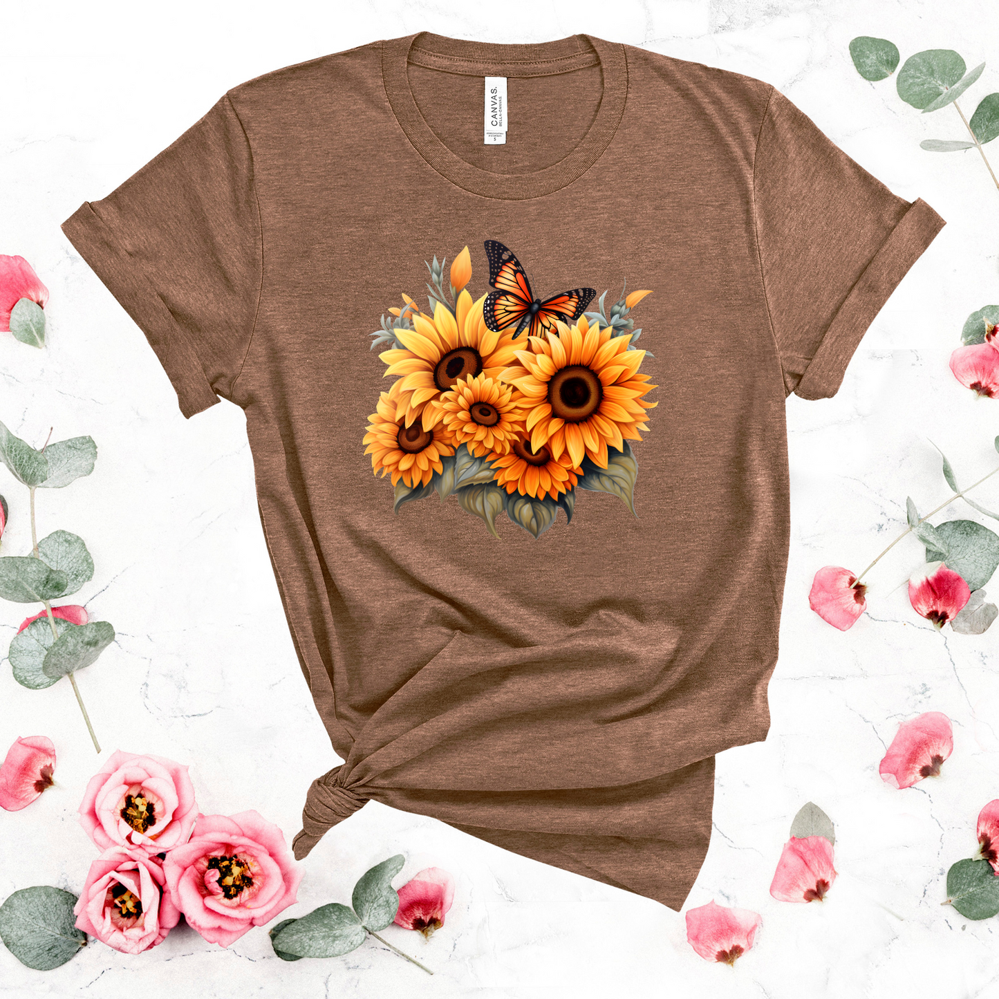Wholesale Fall sunflowers Graphic Tee - Heather Brown Tee