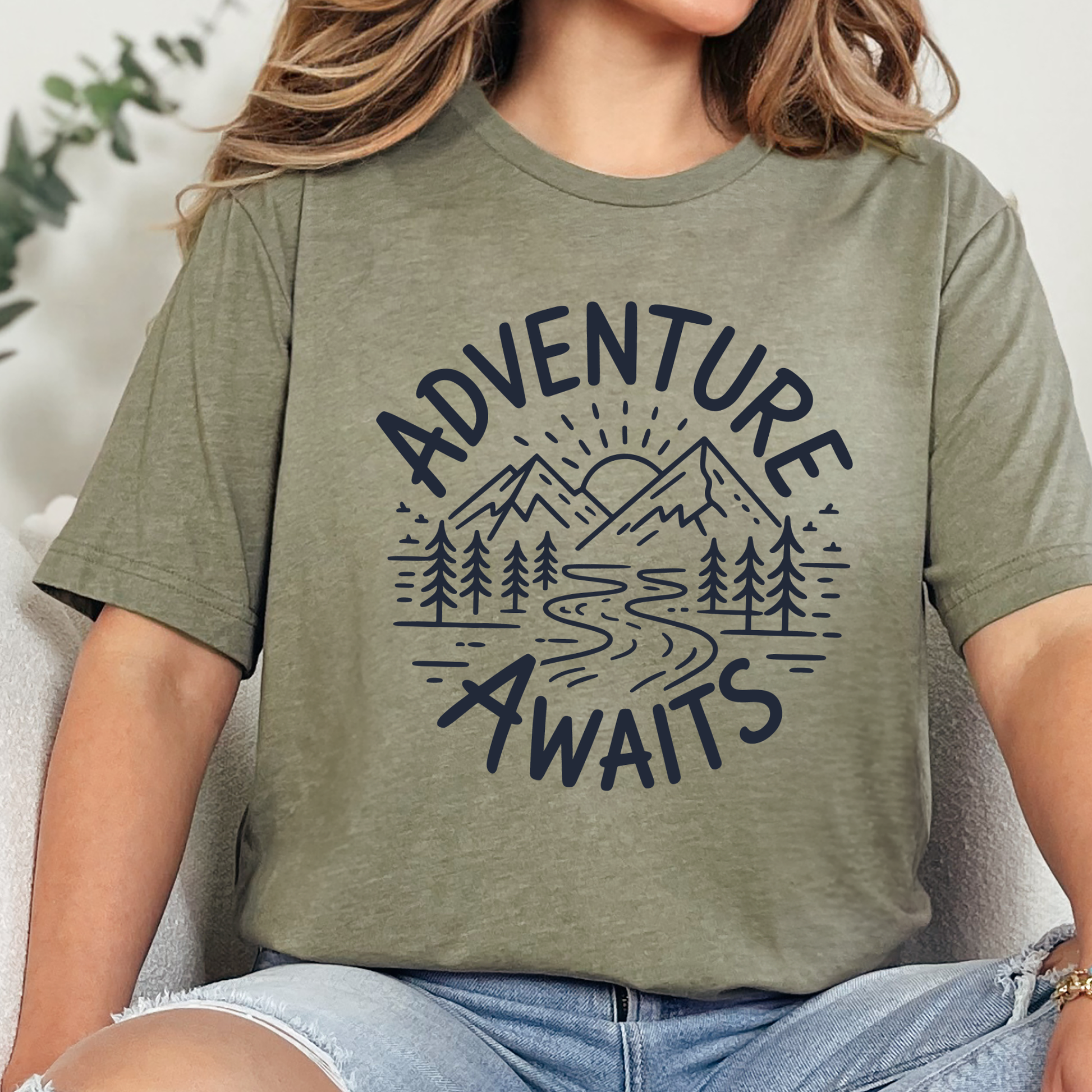 Wholesale Adventure Awaits Graphic Tee - Heather Olive