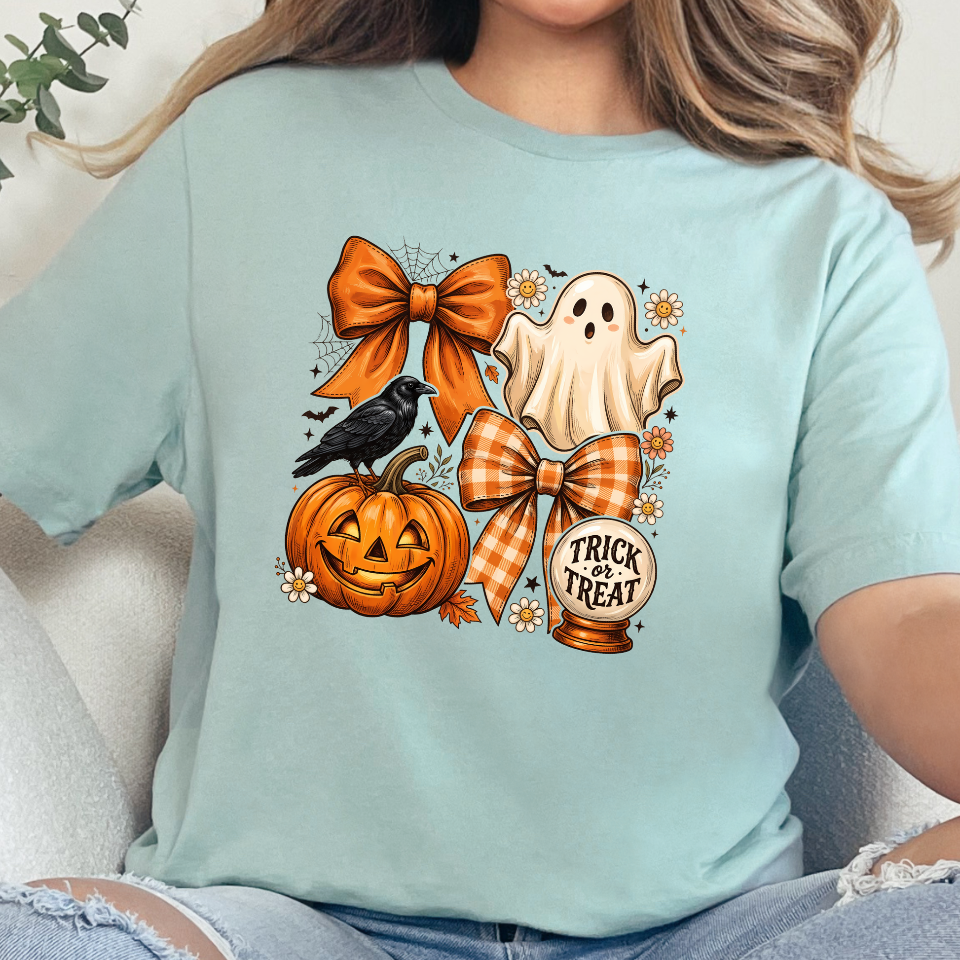 Wholesale Preppy Halloween Coquette Ghost Graphic Tee - Dusty Blue