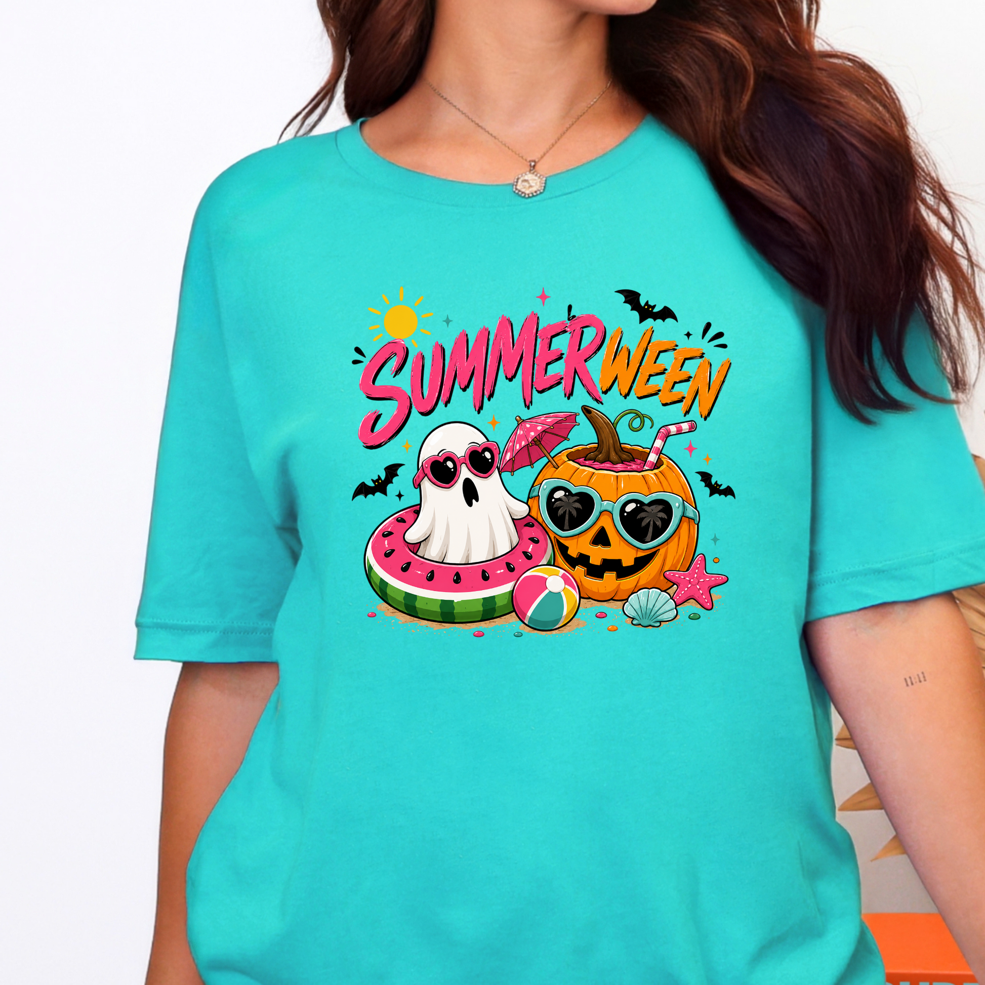Wholesale Summerween Ghost Graphic Tee - Heather Sea Green