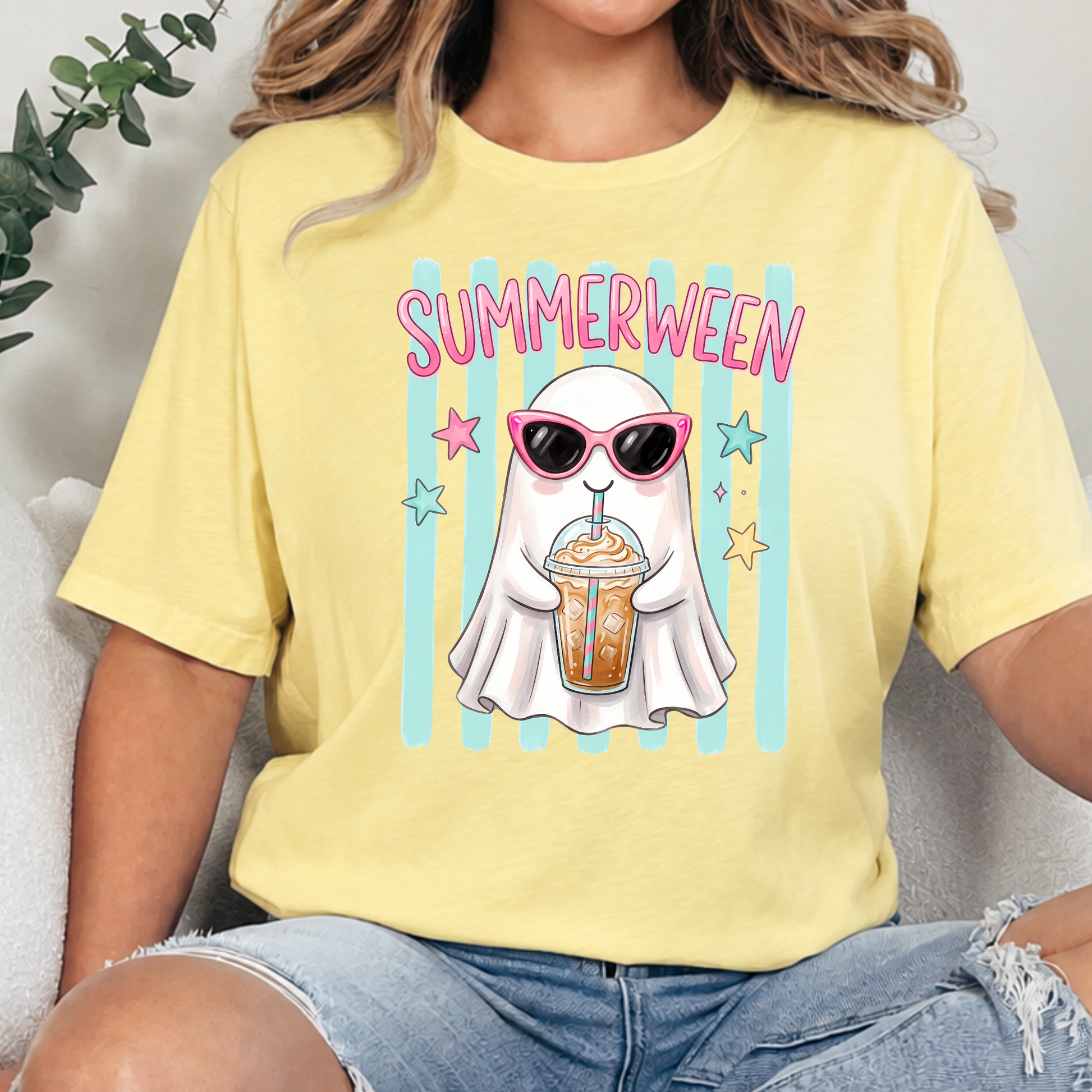 Wholesale Preppy Summerween Ghost Graphic Tee - Heather French Vanilla