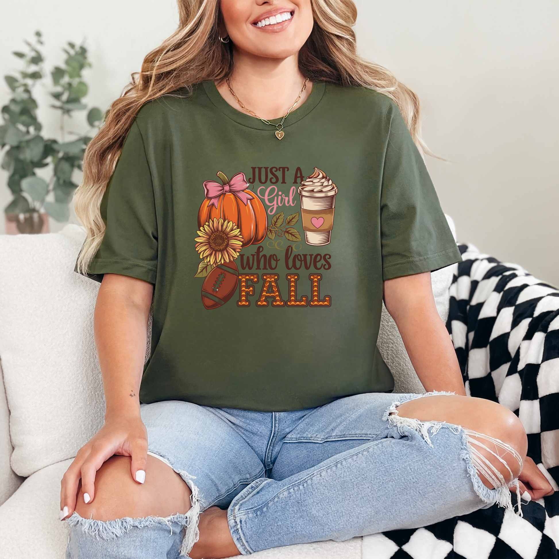 Wholesale Just a Girl Fall Graphic Tee - Military Green Tee