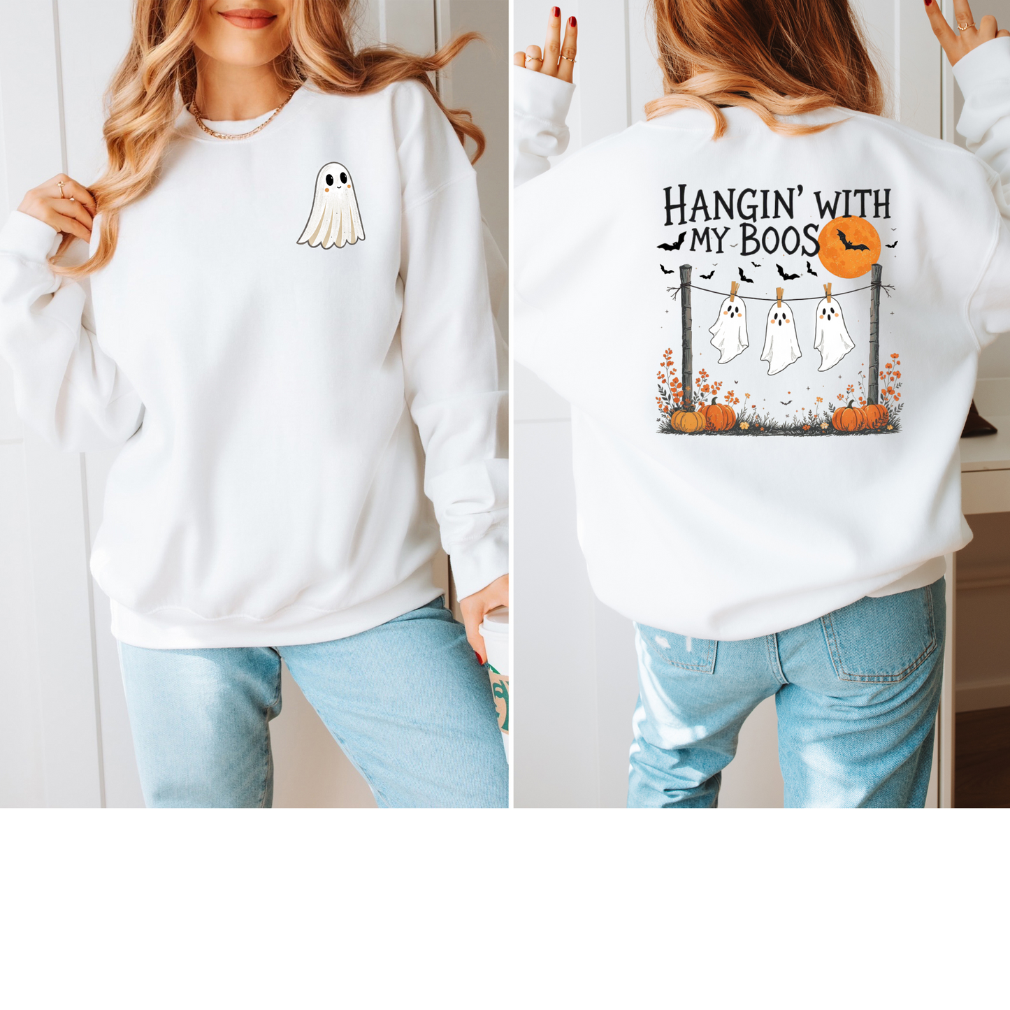 Wholesale Hanging Ghost Graphic Tee or Sweatshirt - White Sweatshirt Front/Back