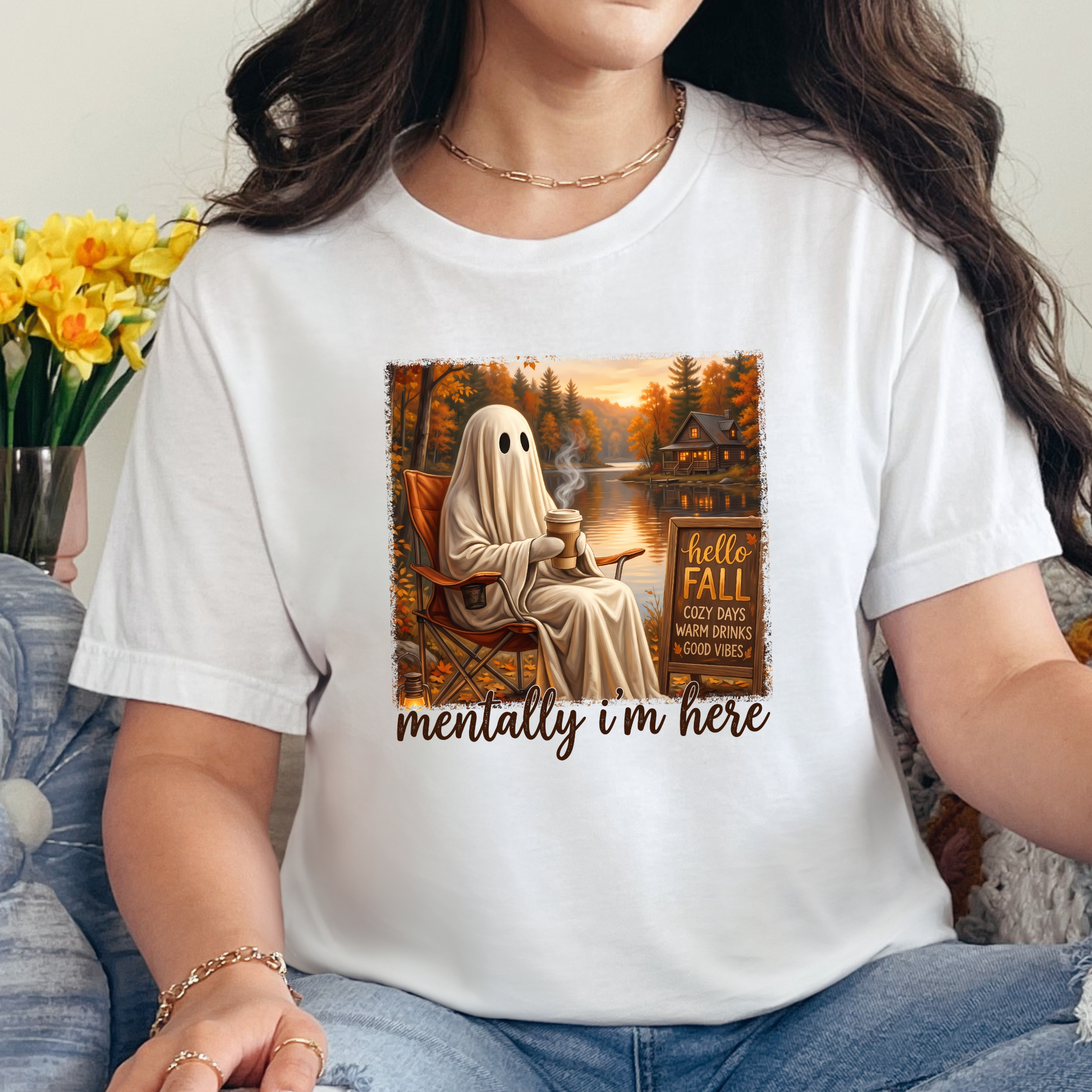 Wholesale Fall Mentally I'm Here Graphic Tee - White