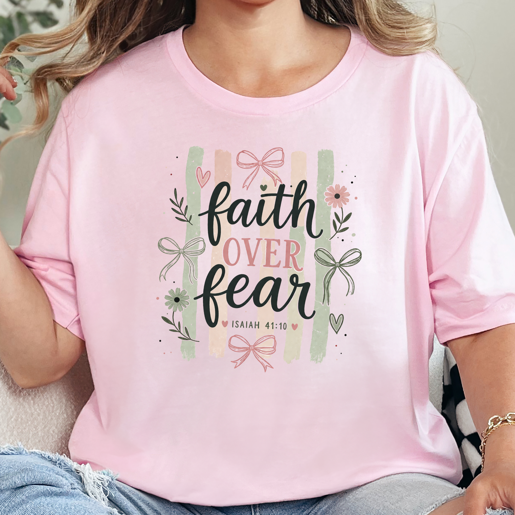 Wholesale Faith over Fear Stripes Graphic Tee - Soft Pink