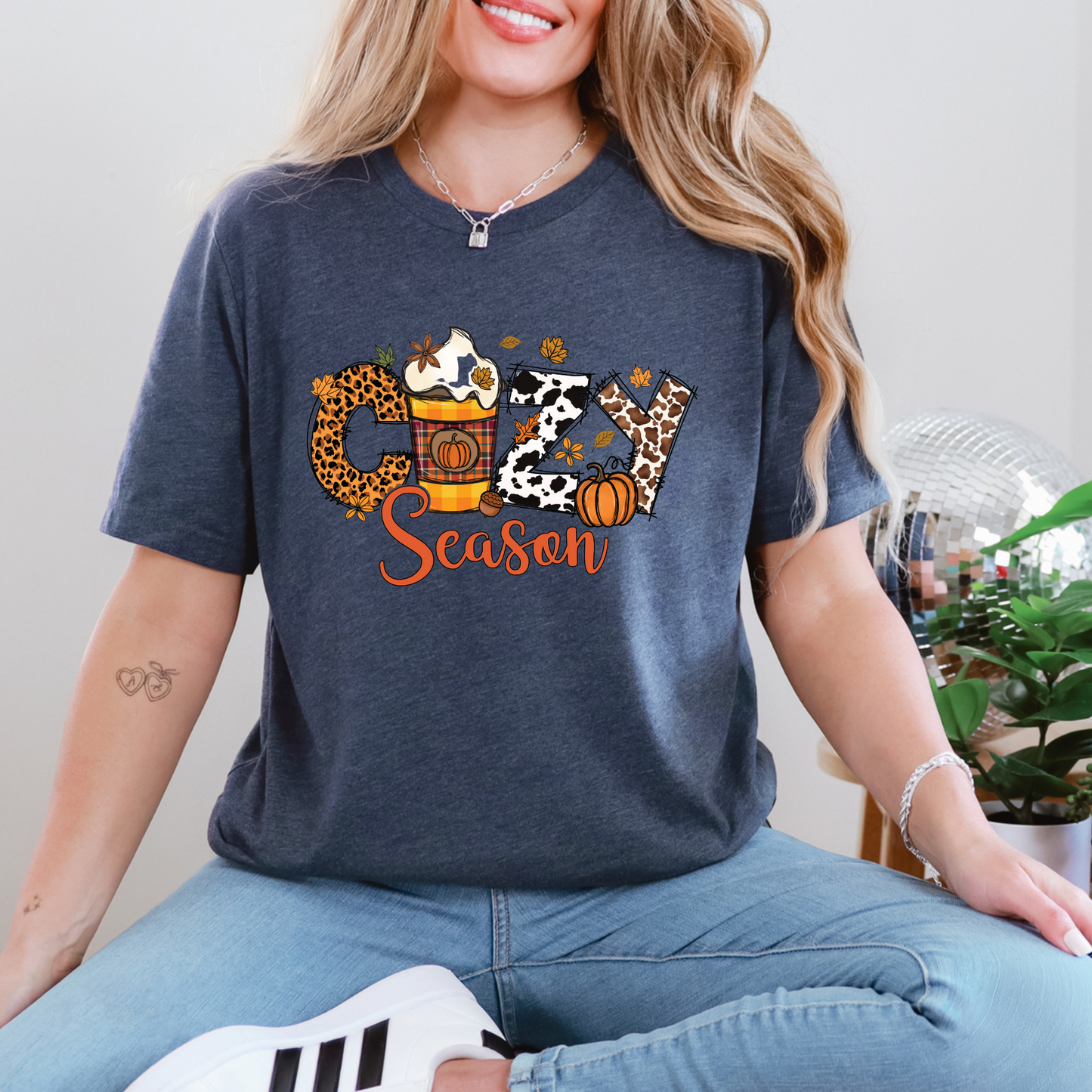 Wholesale Cozy Season Cow Graphic Tee - Heather Navy Tee