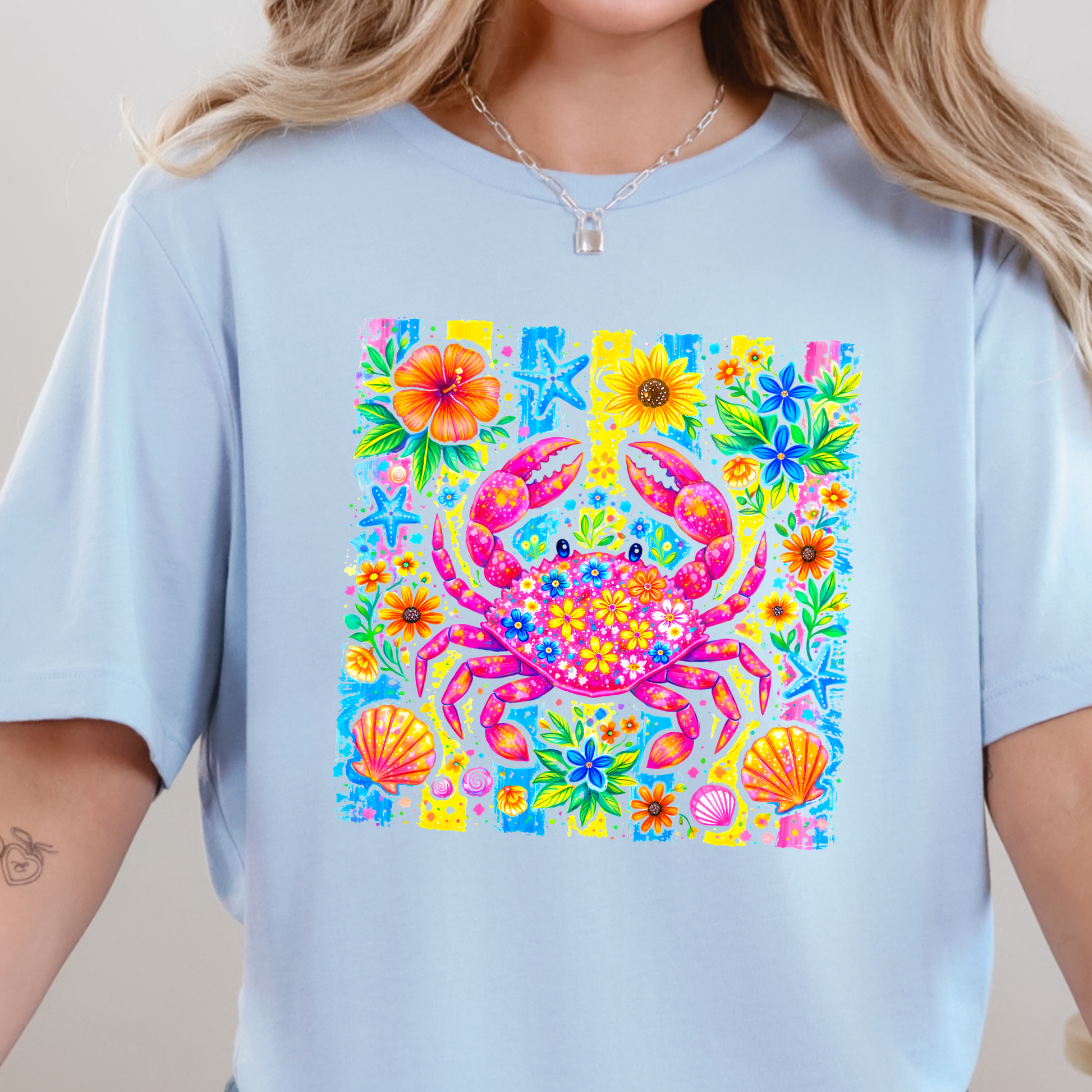 Wholesale Preppy Summer Crab Graphic Tee - Baby Blue