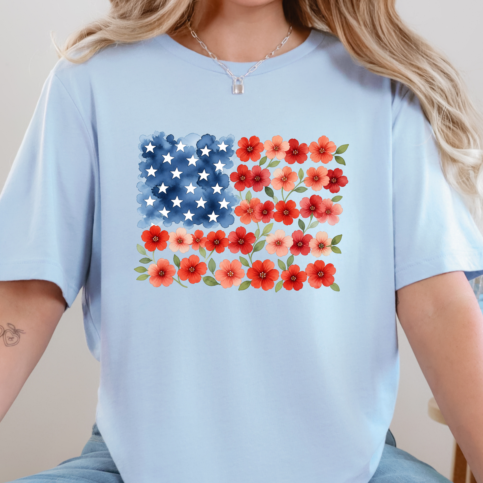 Wholesale Floral American Flag Graphic Tee - Baby Blue